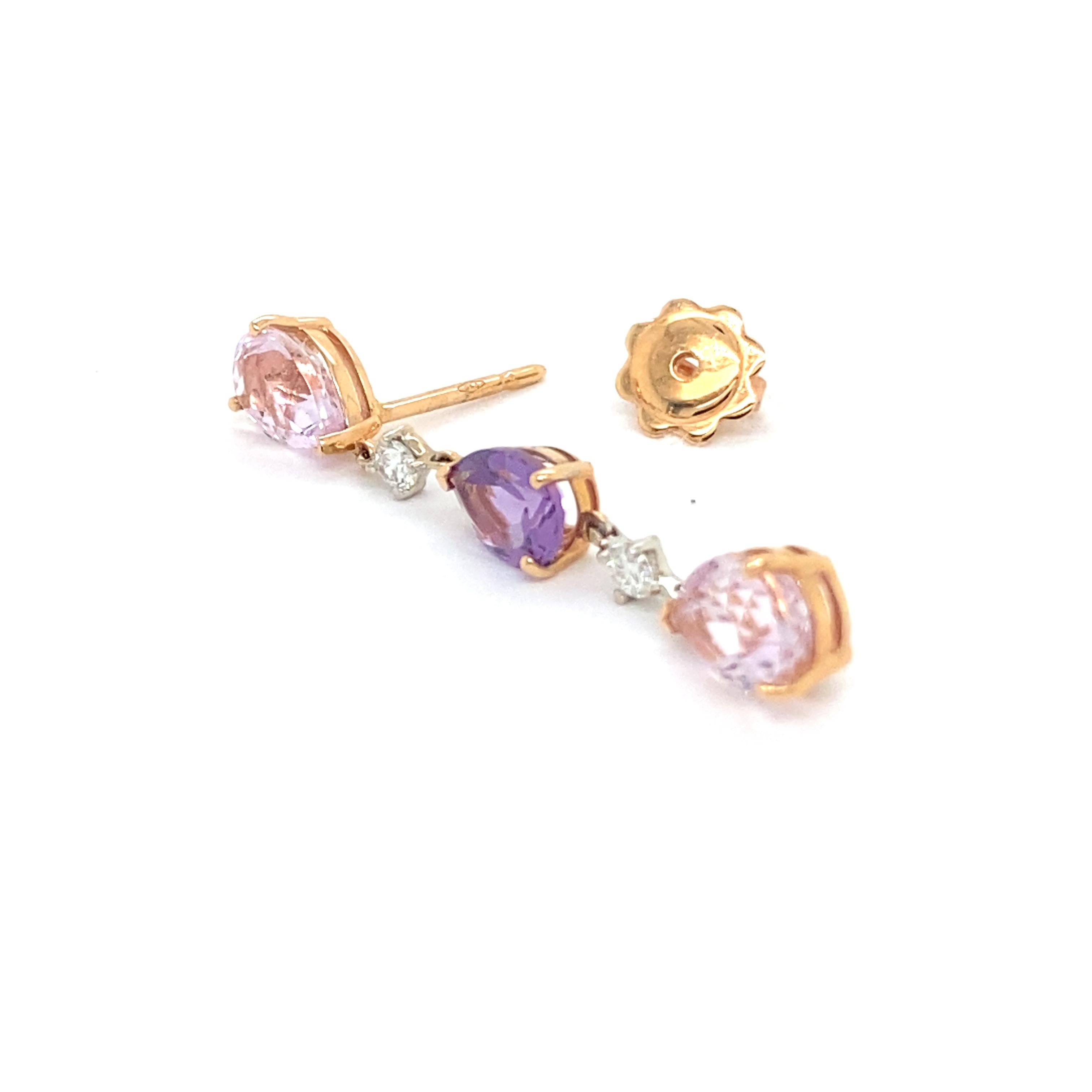 Artisan Dangling French Earrings with Diamonds, Amethyst and Kunzites For Sale