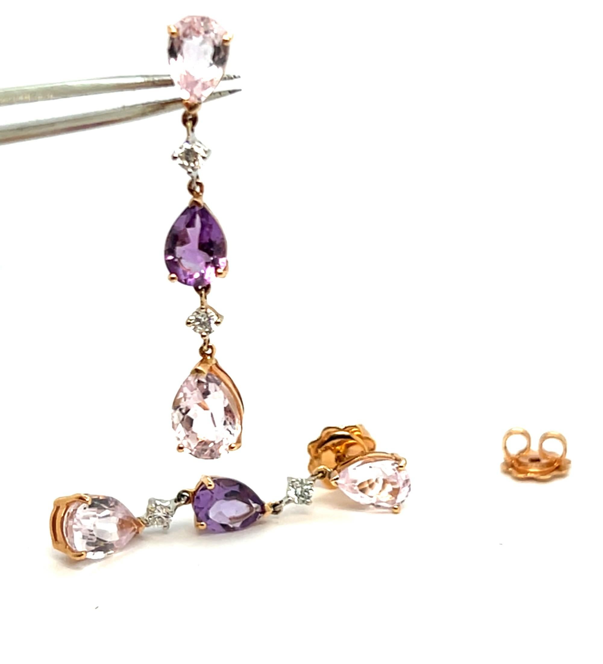 Taille mixte Boucles d'oreilles pendantes avec diamants, améthyste et kunzites en vente