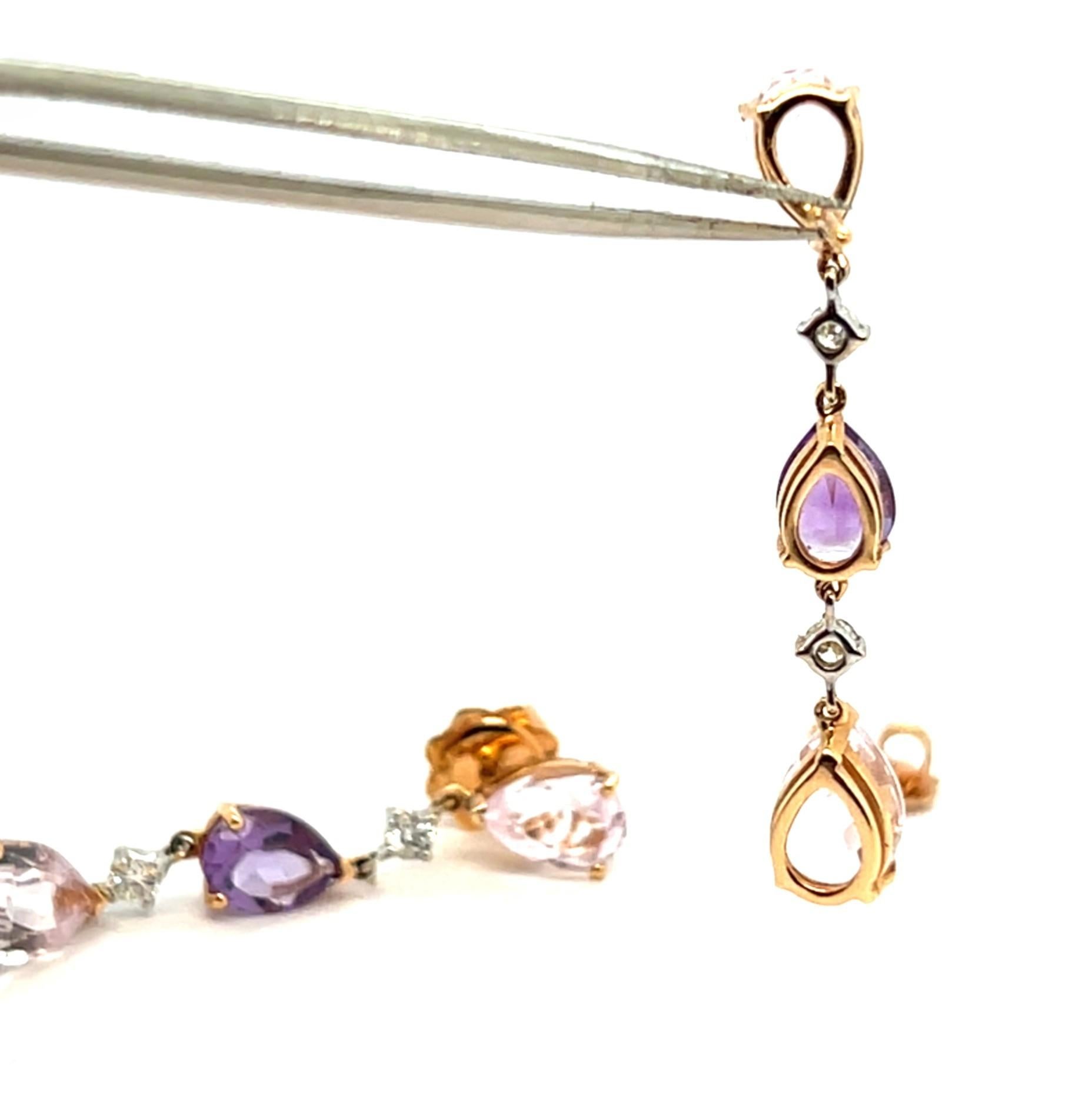 Boucles d'oreilles pendantes avec diamants, améthyste et kunzites en vente 3