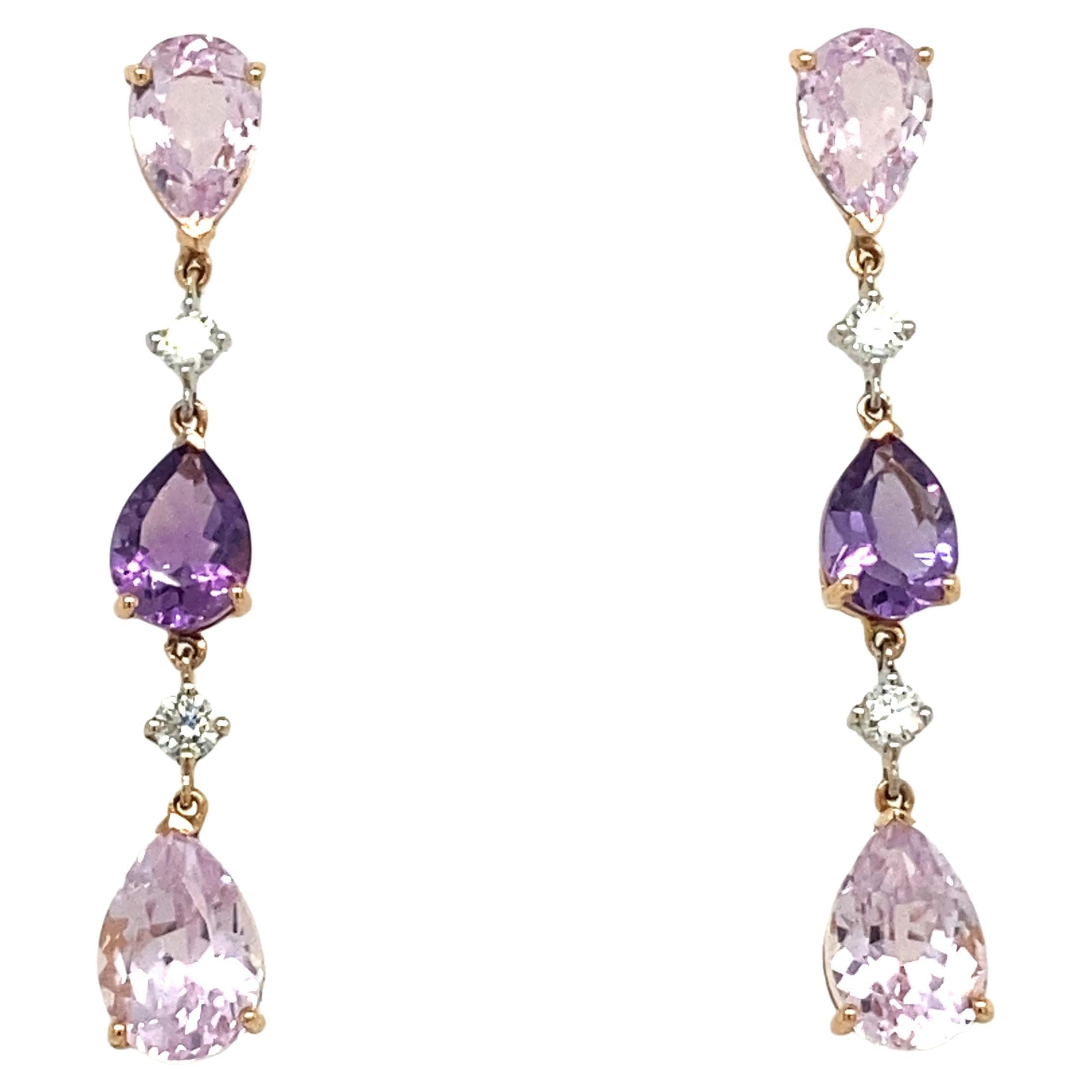 Dangling French Earrings with Diamonds, Amethyst and Kunzites