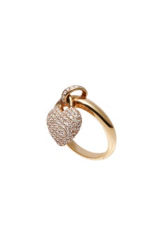 Dangling Heart Charm Pave Diamond 18 Karat Pink Gold Ring