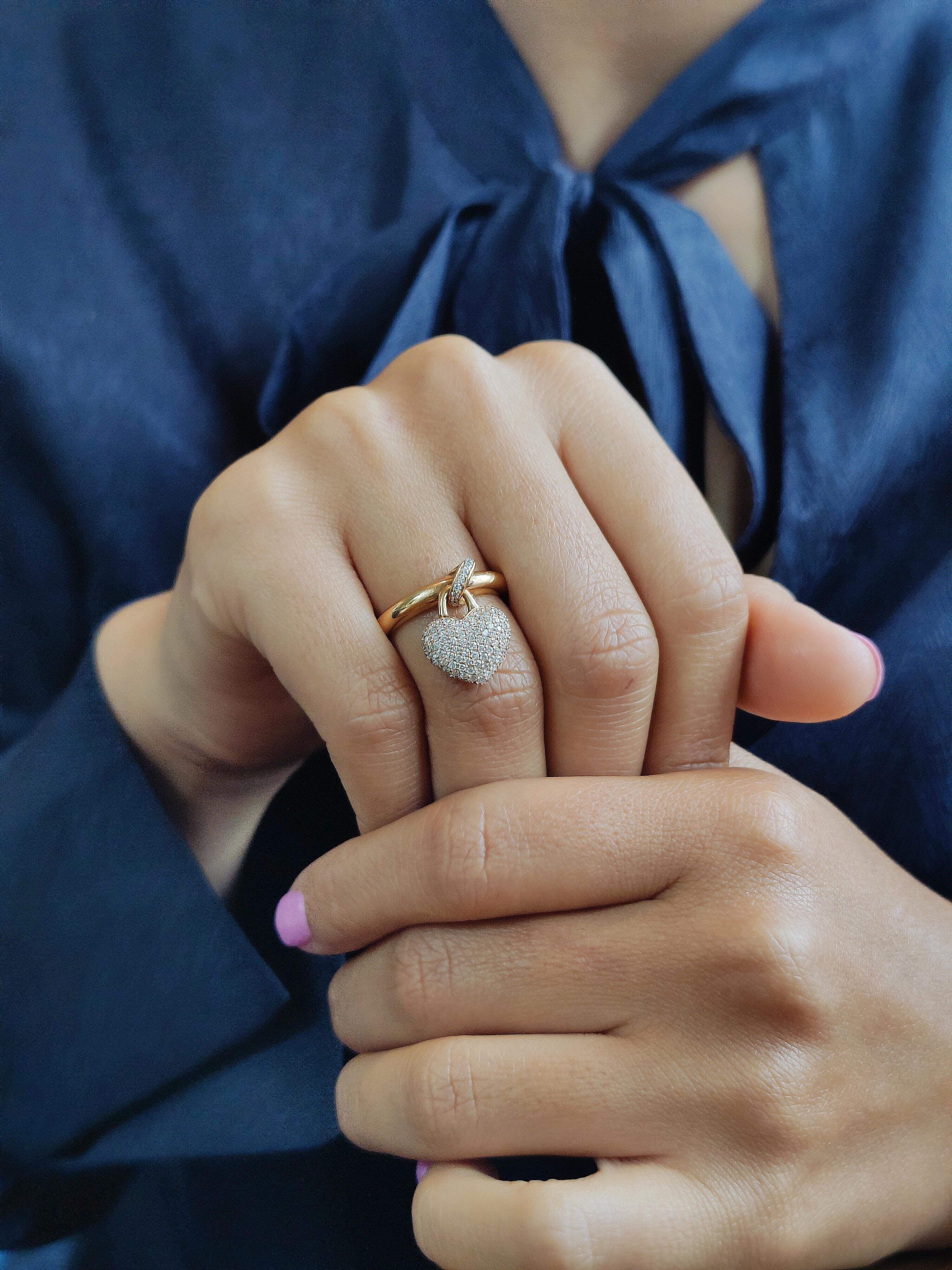 Contemporary Dangling Heart Charm Pave Diamond 18 Karat Pink Gold Ring