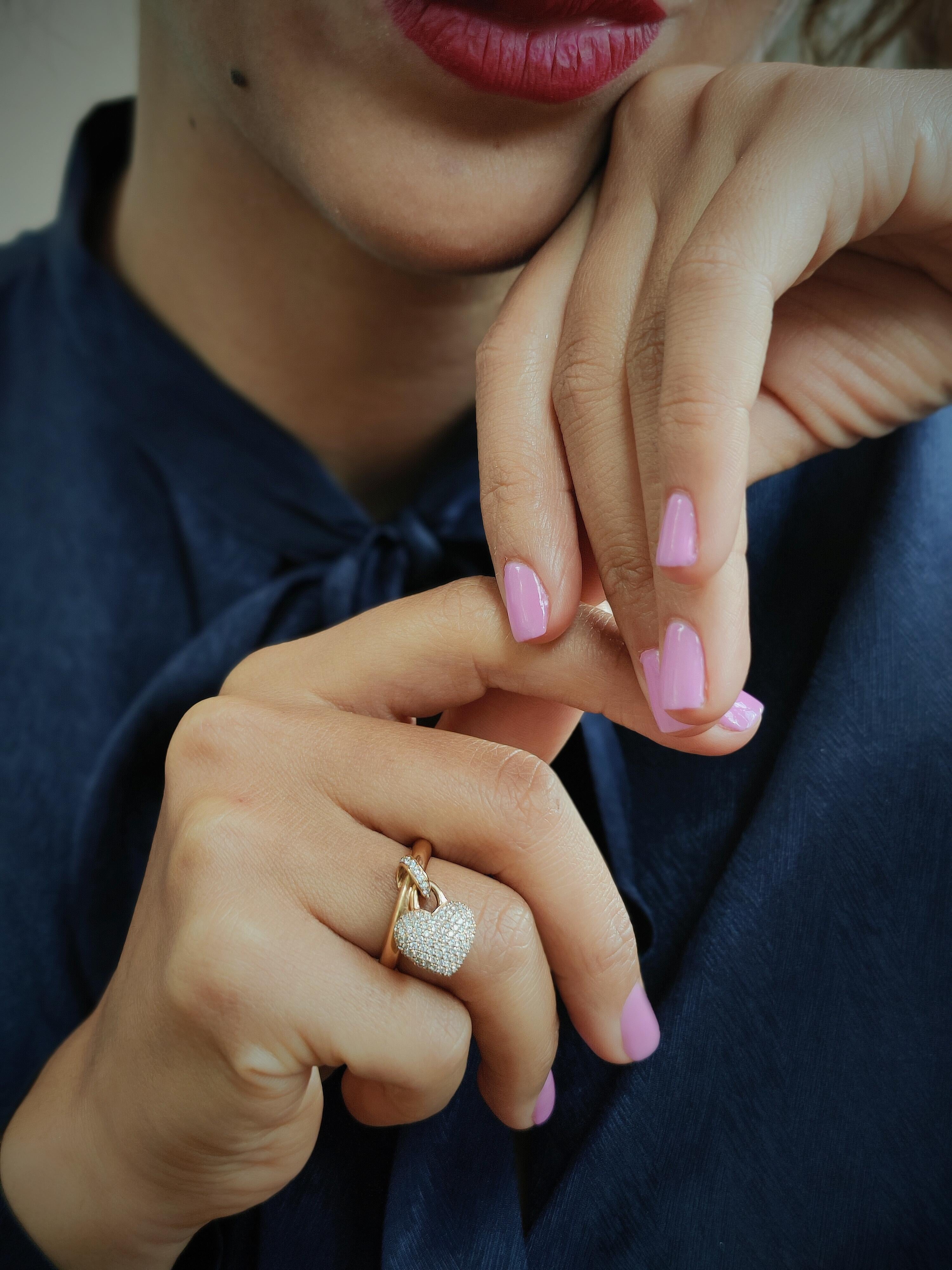 Brilliant Cut Dangling Heart Charm Pave Diamond 18 Karat Pink Gold Ring