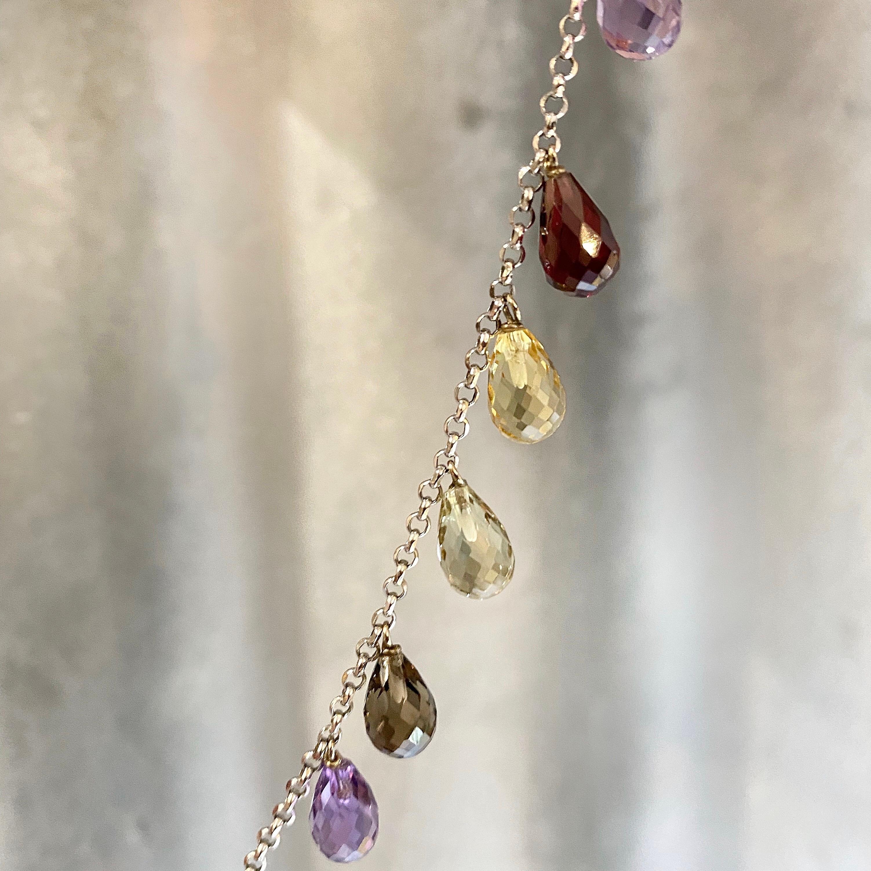 Contemporary Dangling Multi Gemstone Briolette in 18 Karat White Gold Necklace For Sale