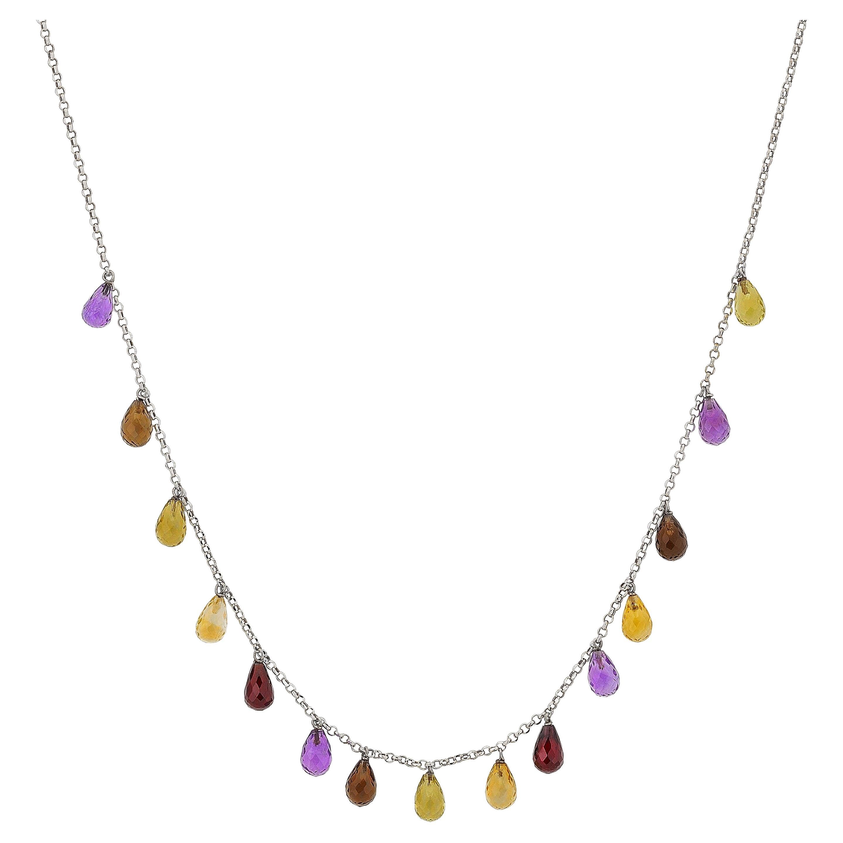 Dangling Multi Gemstone Briolette in 18 Karat White Gold Necklace For Sale