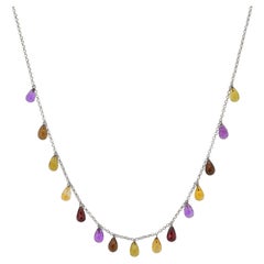 Dangling Multi Gemstone Briolette in 18 Karat White Gold Necklace