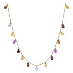 Dangling Multi Gemstone Briolette in 18 Karat Yellow Gold Necklace