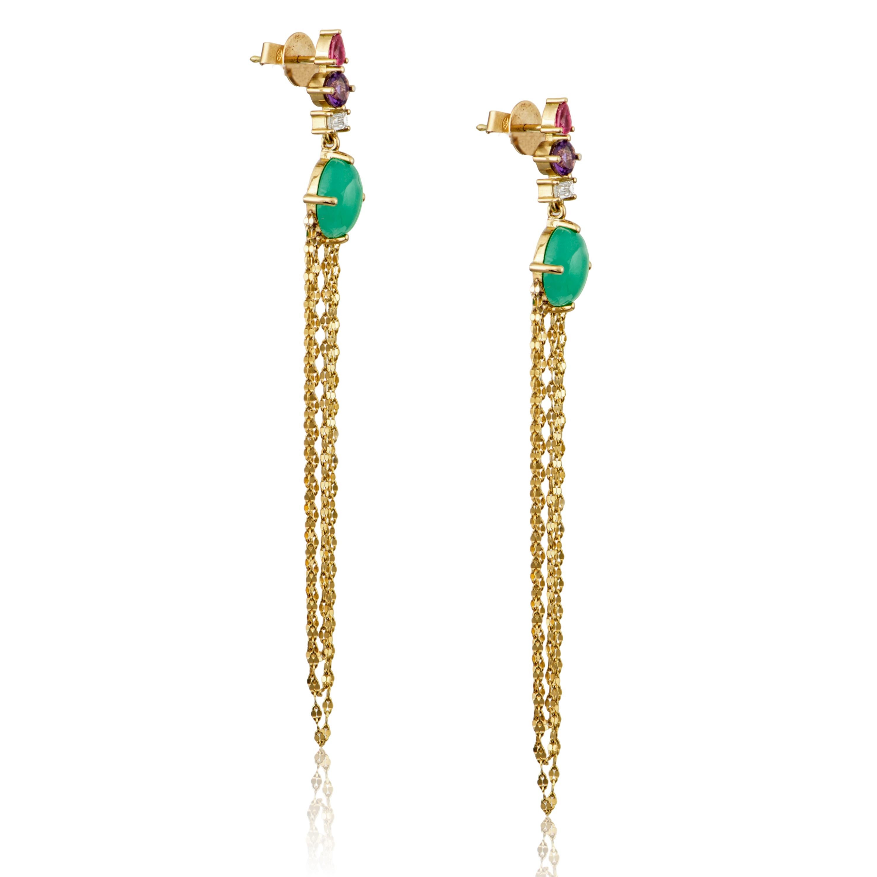 Designer: Alexia Gryllaki

Dangling Earrings

Barcode: ASR0004
Dimensions: L77x10mm
Weight: approximately 7.3g (pair)

Materials:
18 karat gold & 14 karat gold chains
baguette-cut colorless diamonds approx. 0.24cts, pear-shaped rubies approx.
