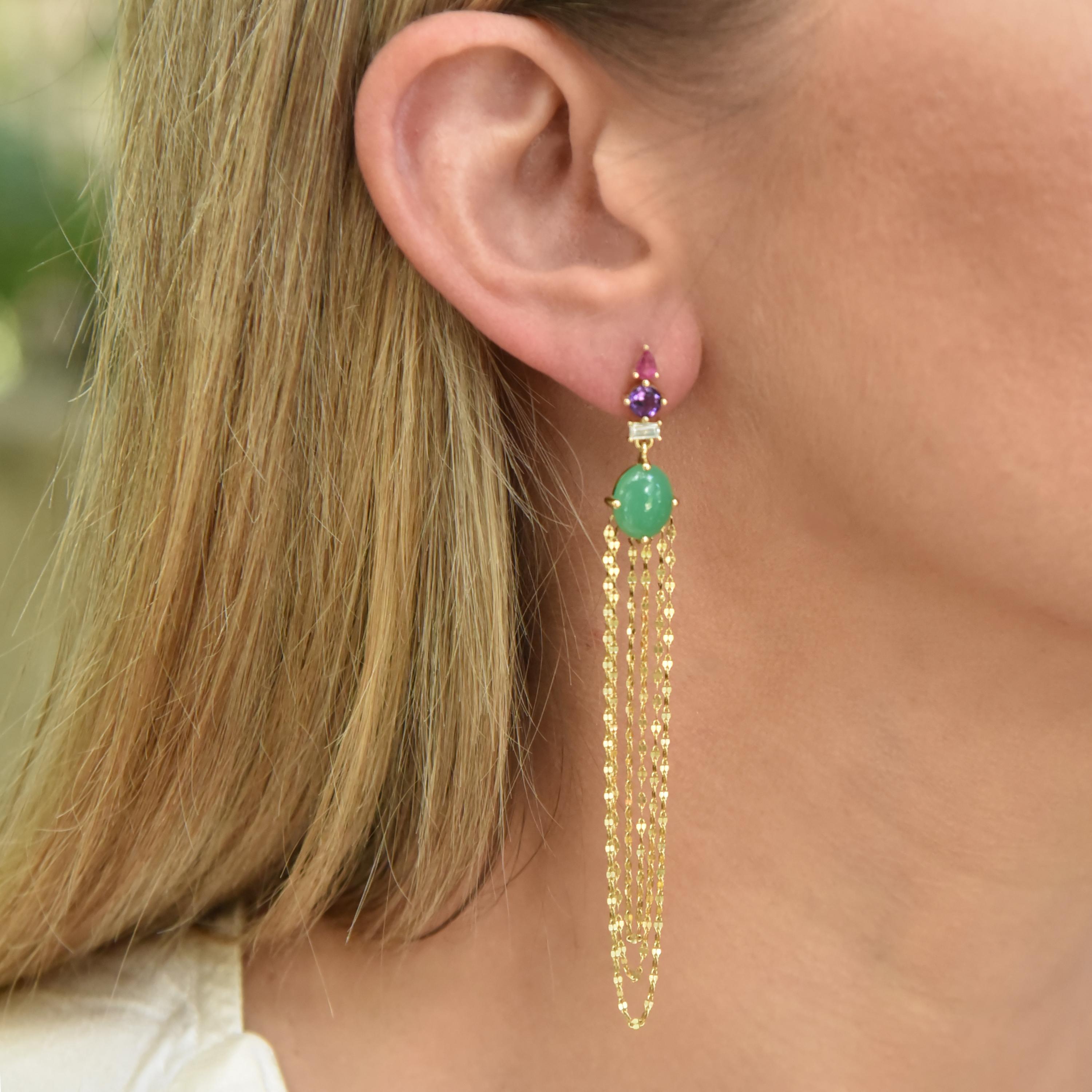 Oval Cut Dangling Multi-Stone Earrings In 18 Karat Gold With 14K Gold Chains For Sale