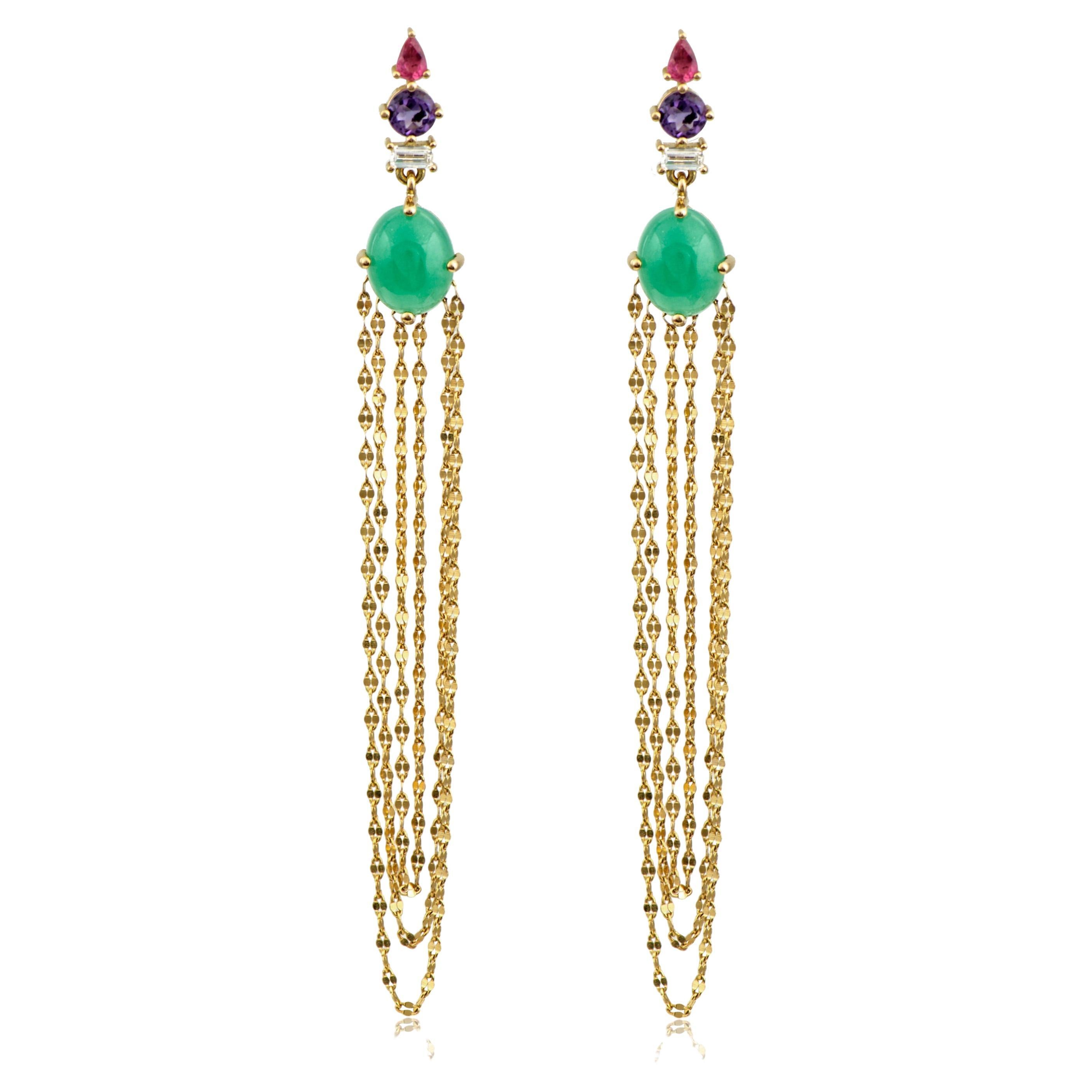 Dangling Multi-Stone Earrings In 18 Karat Gold With 14K Gold Chains For Sale