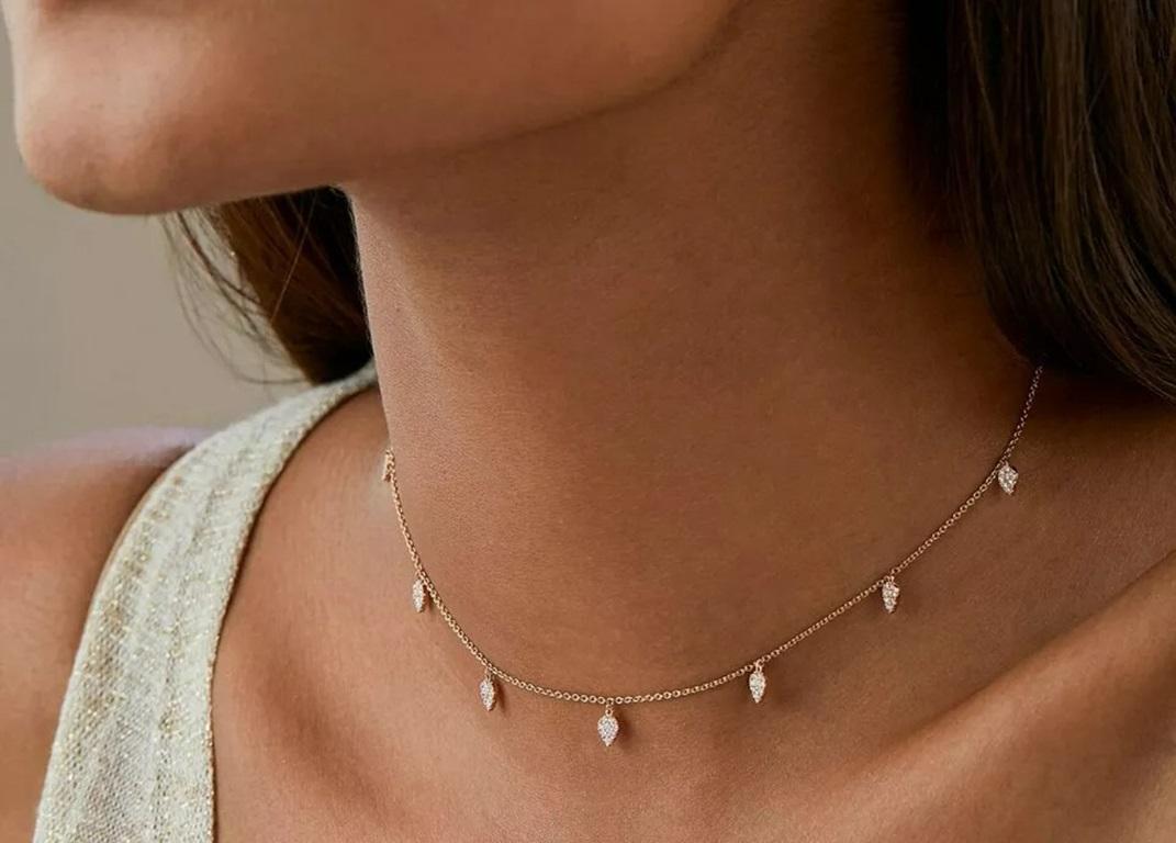 Dangling natürlichen Diamanten Pear Drop Halskette 14k Solid Gold (Rundschliff) im Angebot