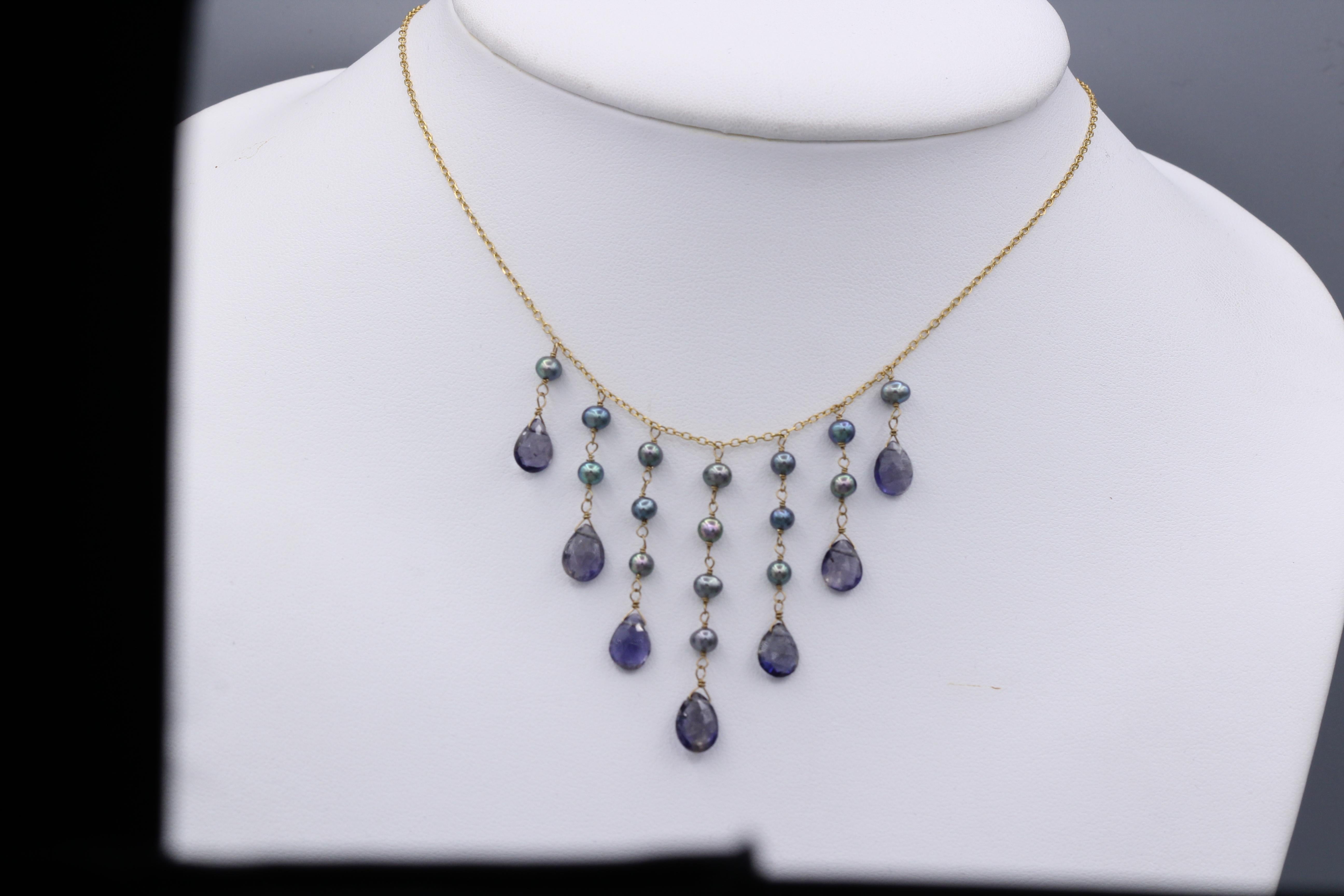 Dangling Necklace Blue Amethyst & Pearls Dangle Style 14 Karat Yellow Gold For Sale 4