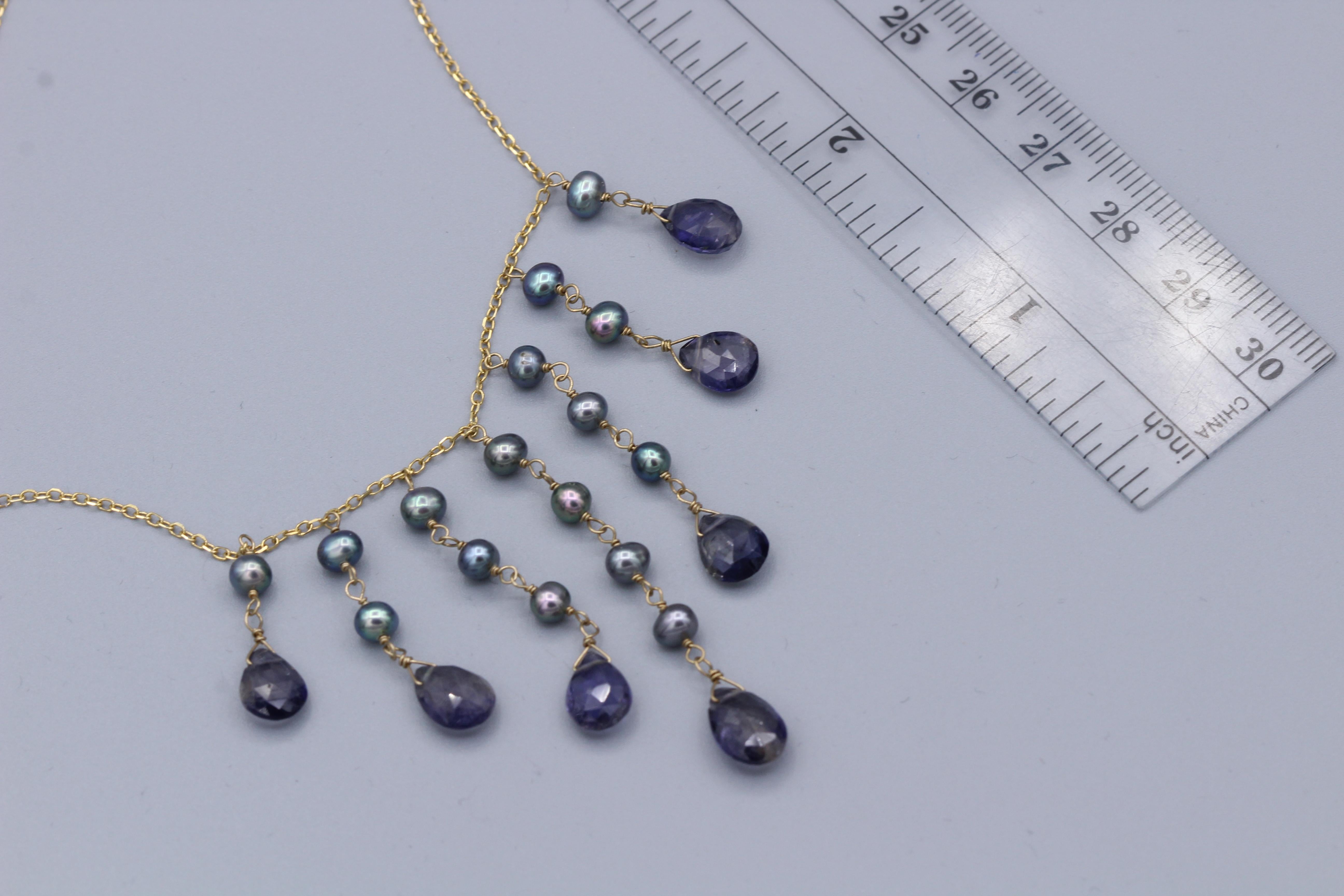 Briolette Cut Dangling Necklace Blue Amethyst & Pearls Dangle Style 14 Karat Yellow Gold For Sale