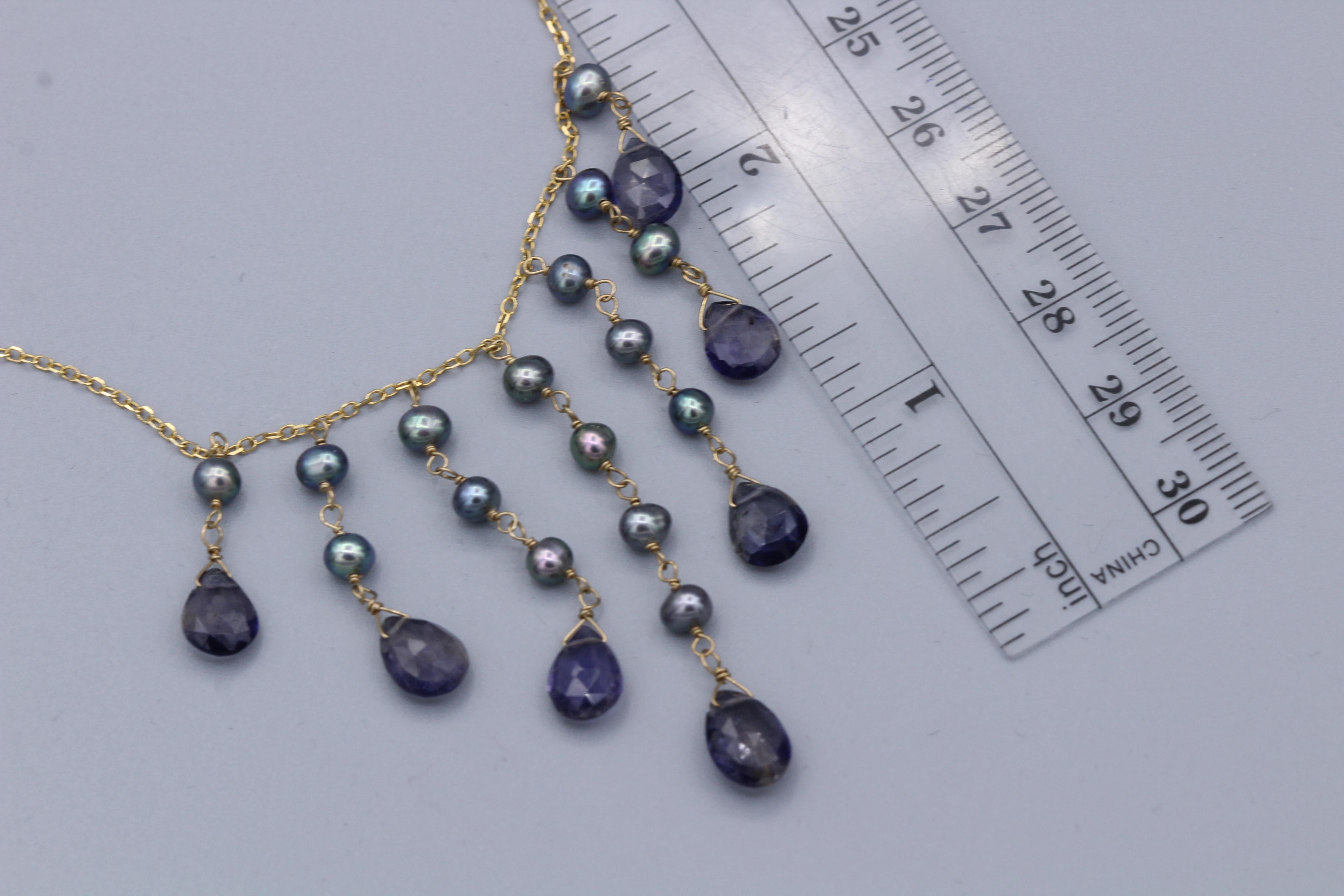 Dangling Necklace Blue Amethyst & Pearls Dangle Style 14 Karat Yellow Gold In New Condition For Sale In Brooklyn, NY