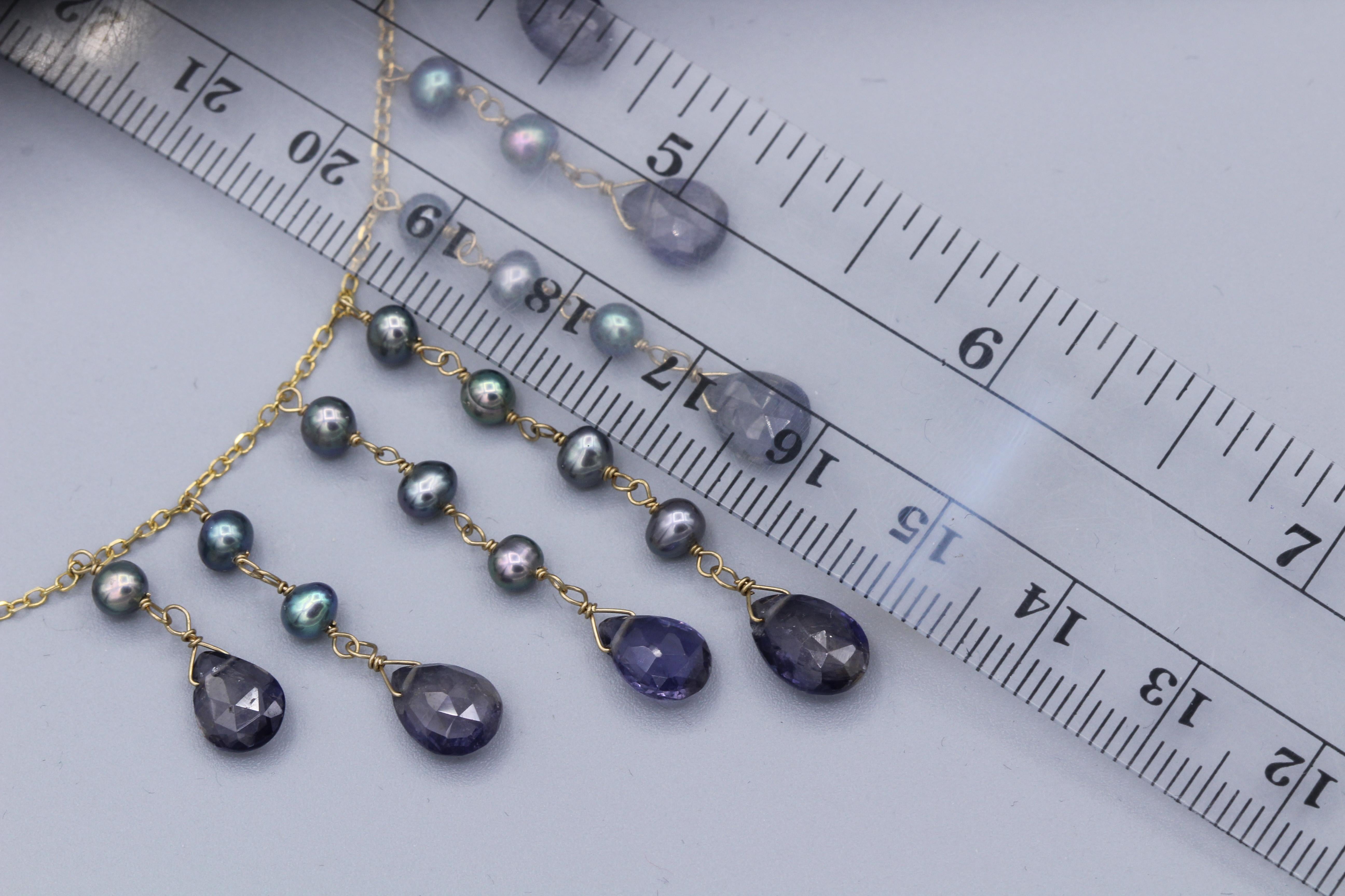 Collier pendant en or jaune 14 carats avec améthyste bleue et perles, style pendant en vente 1