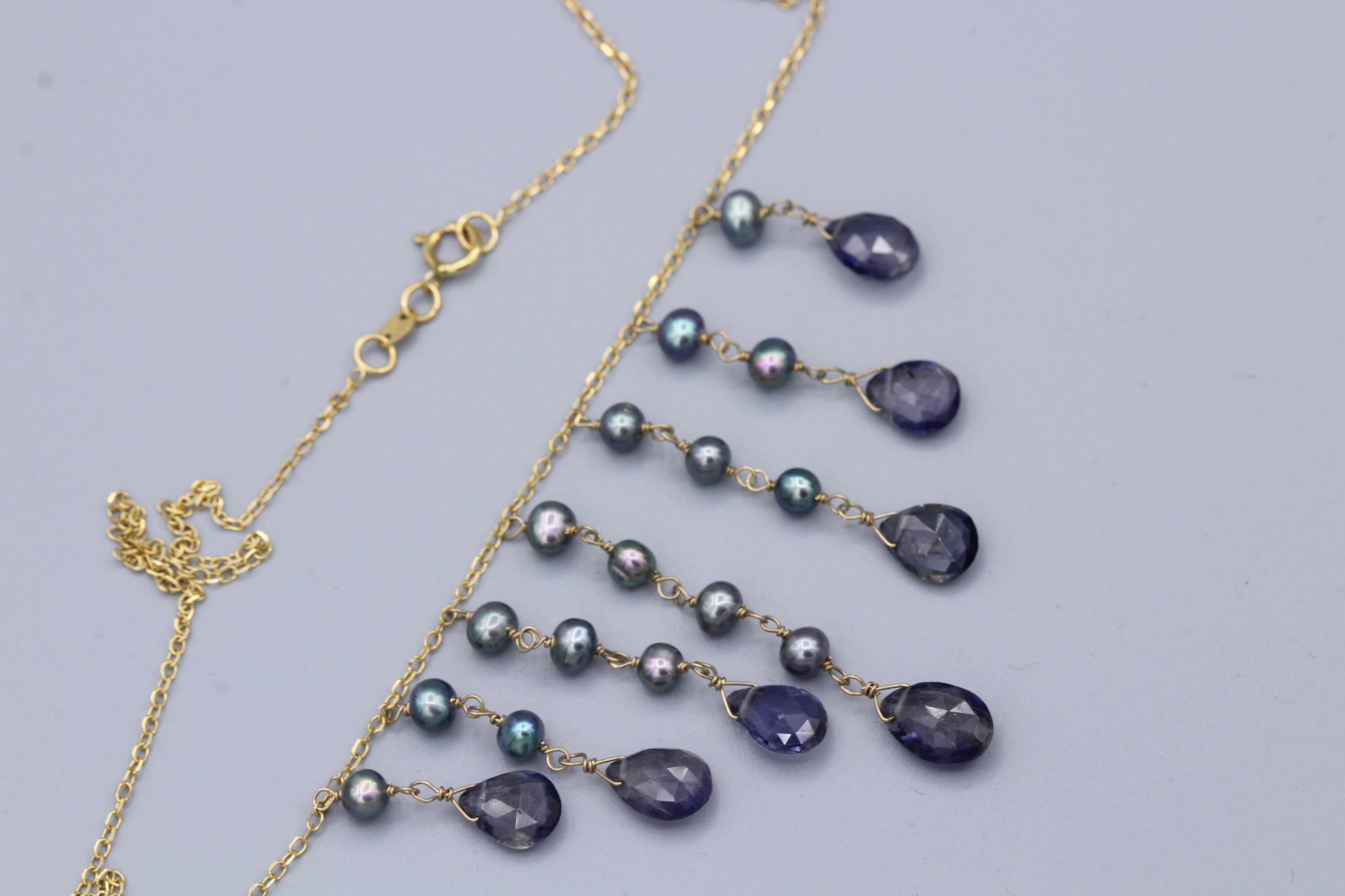 Dangling Necklace Blue Amethyst & Pearls Dangle Style 14 Karat Yellow Gold For Sale 1