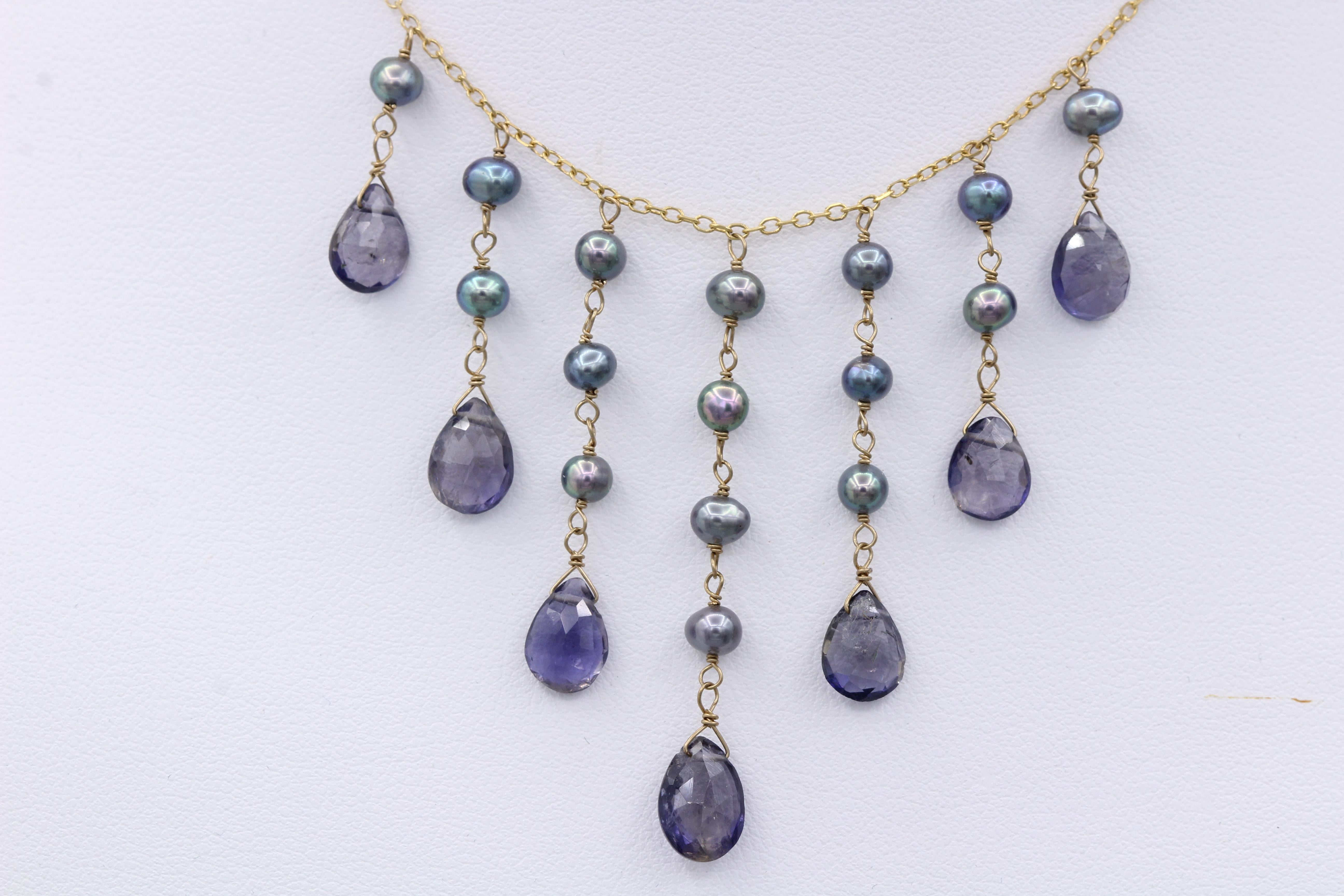 Dangling Necklace Blue Amethyst & Pearls Dangle Style 14 Karat Yellow Gold For Sale 2