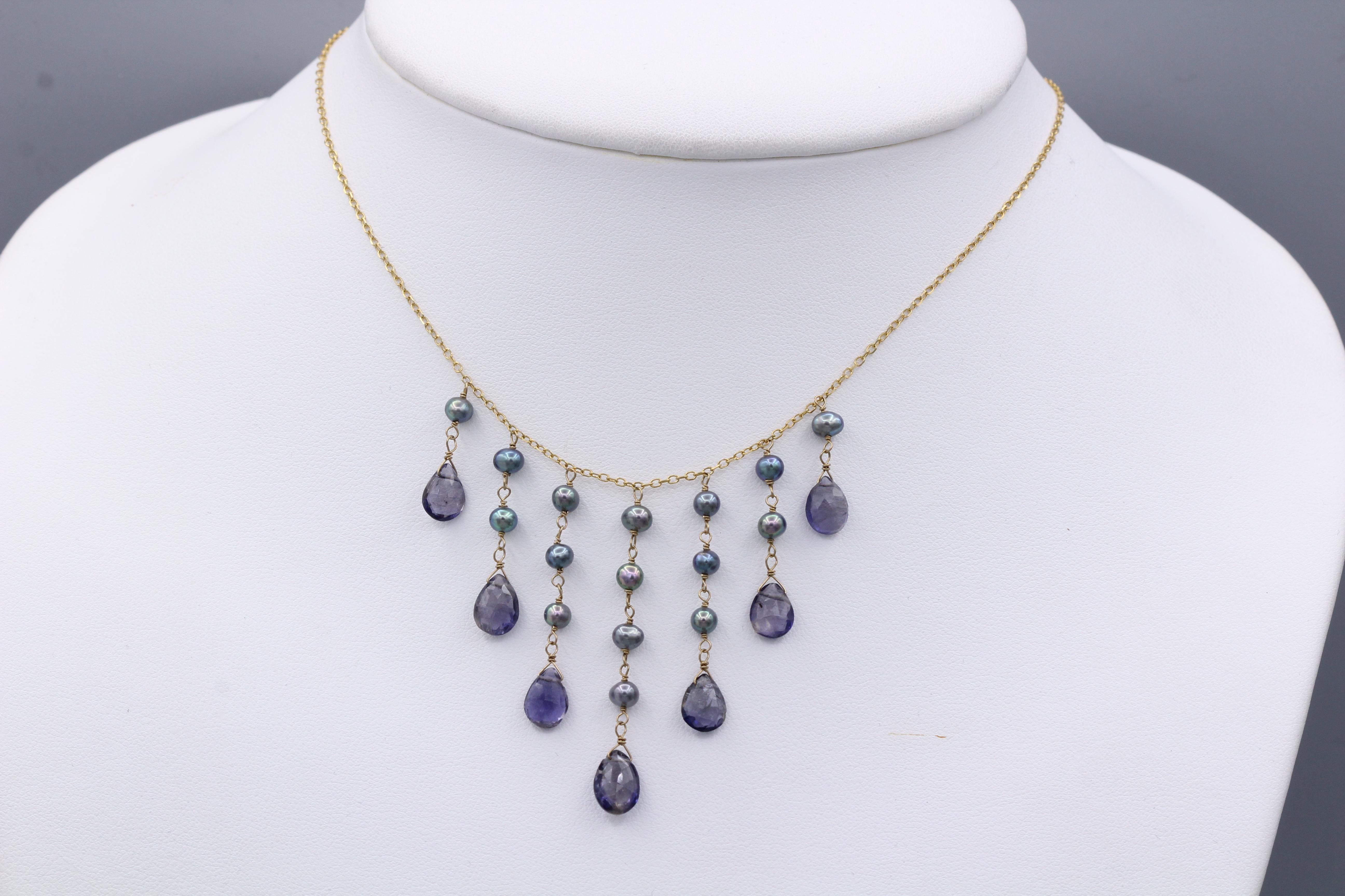 Dangling Necklace Blue Amethyst & Pearls Dangle Style 14 Karat Yellow Gold For Sale 3