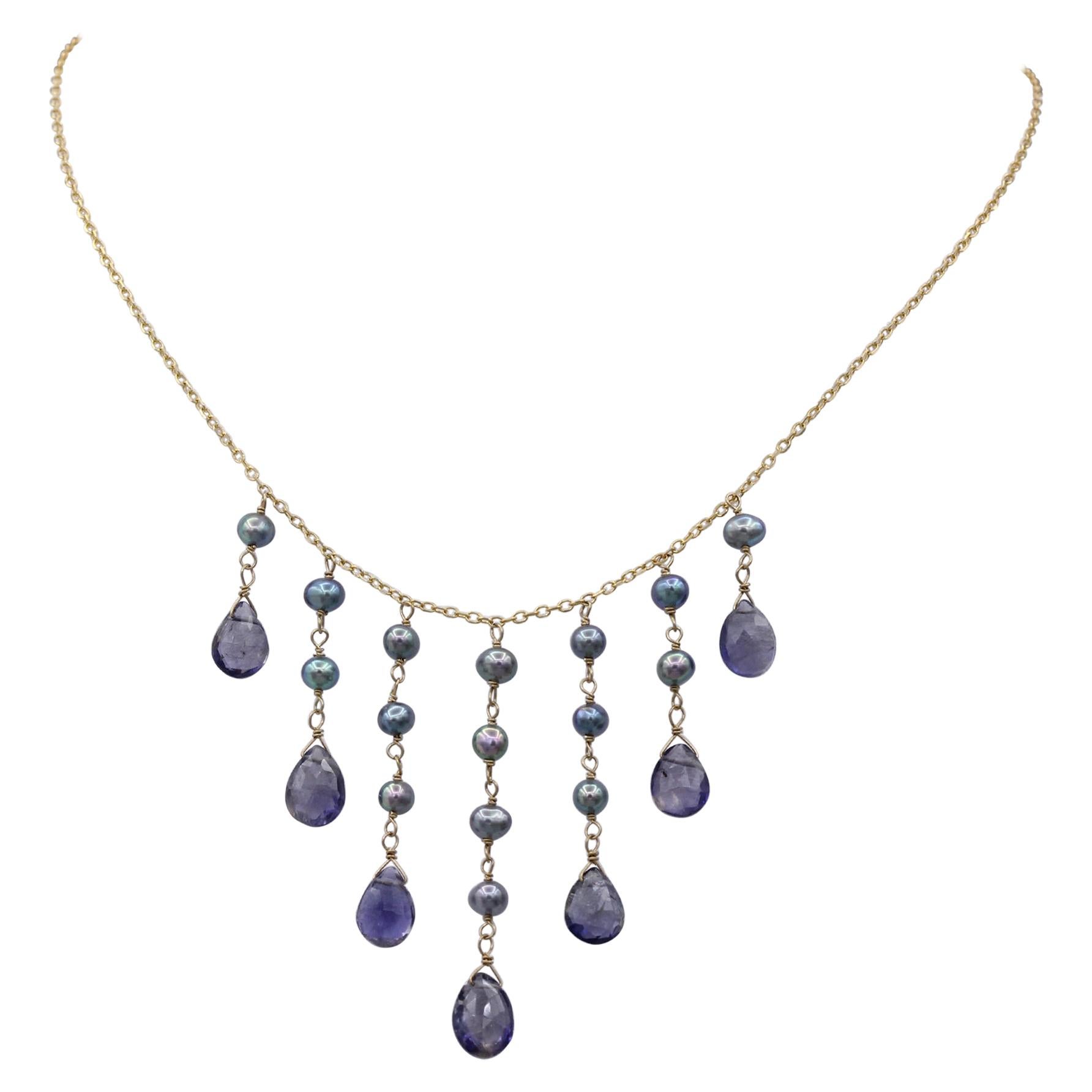 Dangling Necklace Blue Amethyst & Pearls Dangle Style 14 Karat Yellow Gold For Sale