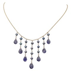 Dangling Necklace Blue Amethyst & Pearls Dangle Style 14 Karat Yellow Gold