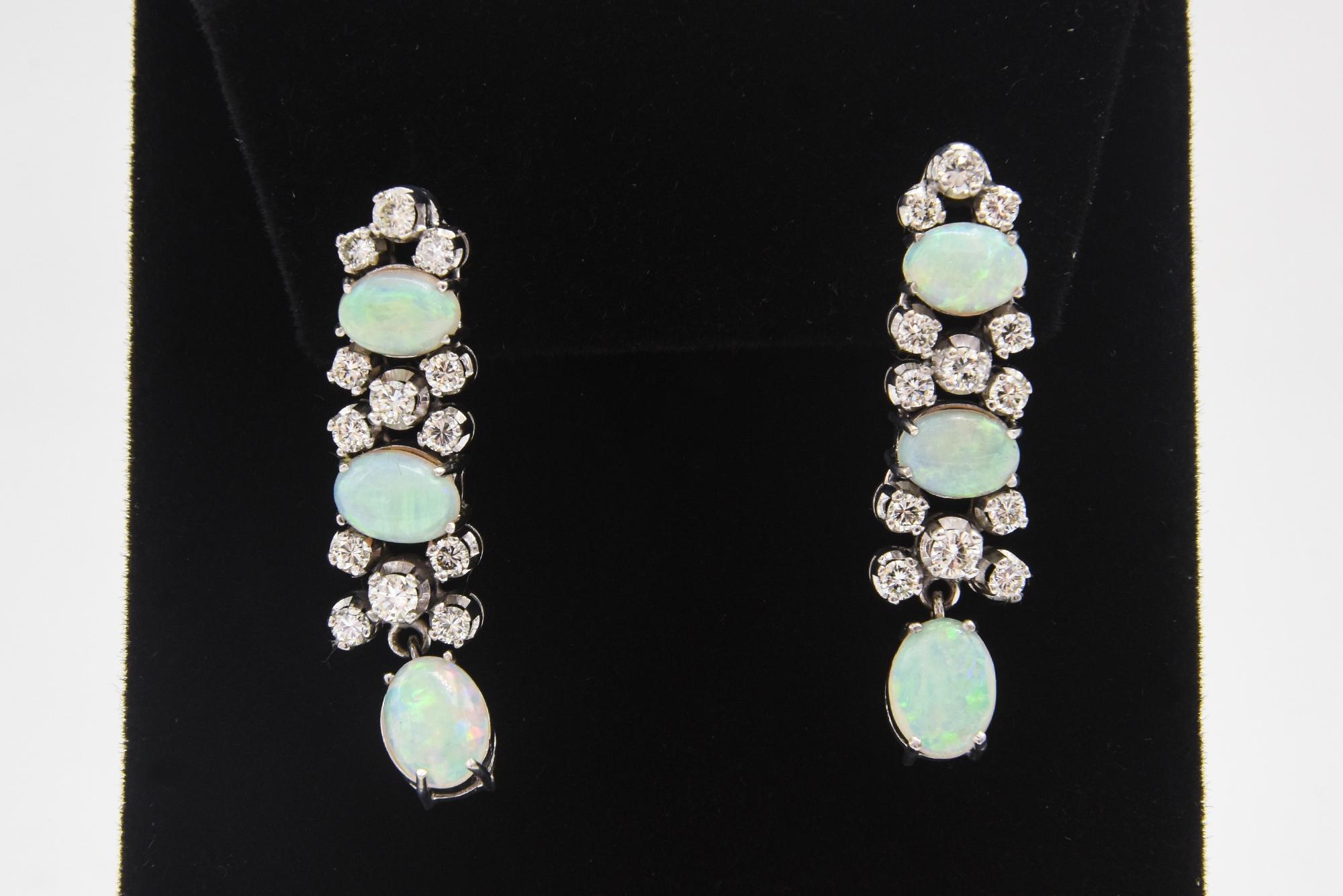 Dangling Opal and Diamond Drop White Gold Earrings For Sale 2