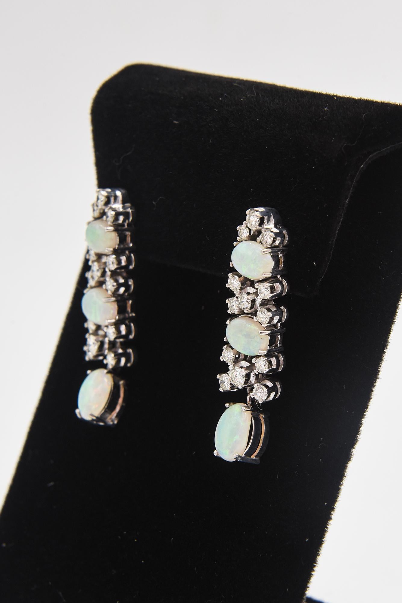 Dangling Opal and Diamond Drop White Gold Earrings For Sale 3