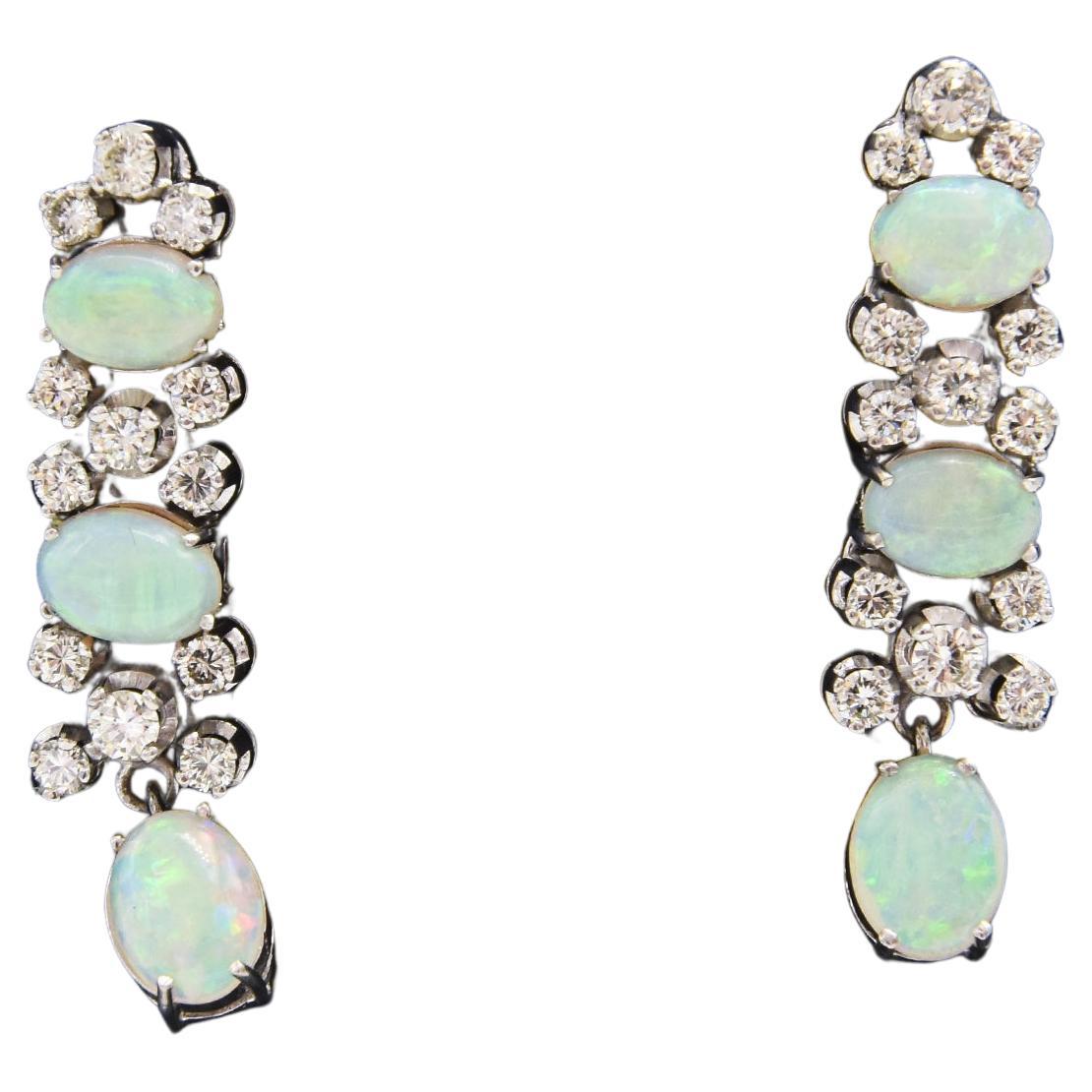 Dangling Opal and Diamond Drop White Gold Earrings