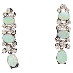 Vintage Dangling Opal and Diamond Drop White Gold Earrings