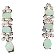 Retro Dangling Opal and Diamond Drop White Gold Earrings