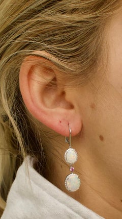 Dangling Opal, Diamond and Pink Sapphire Earrings in White Gold