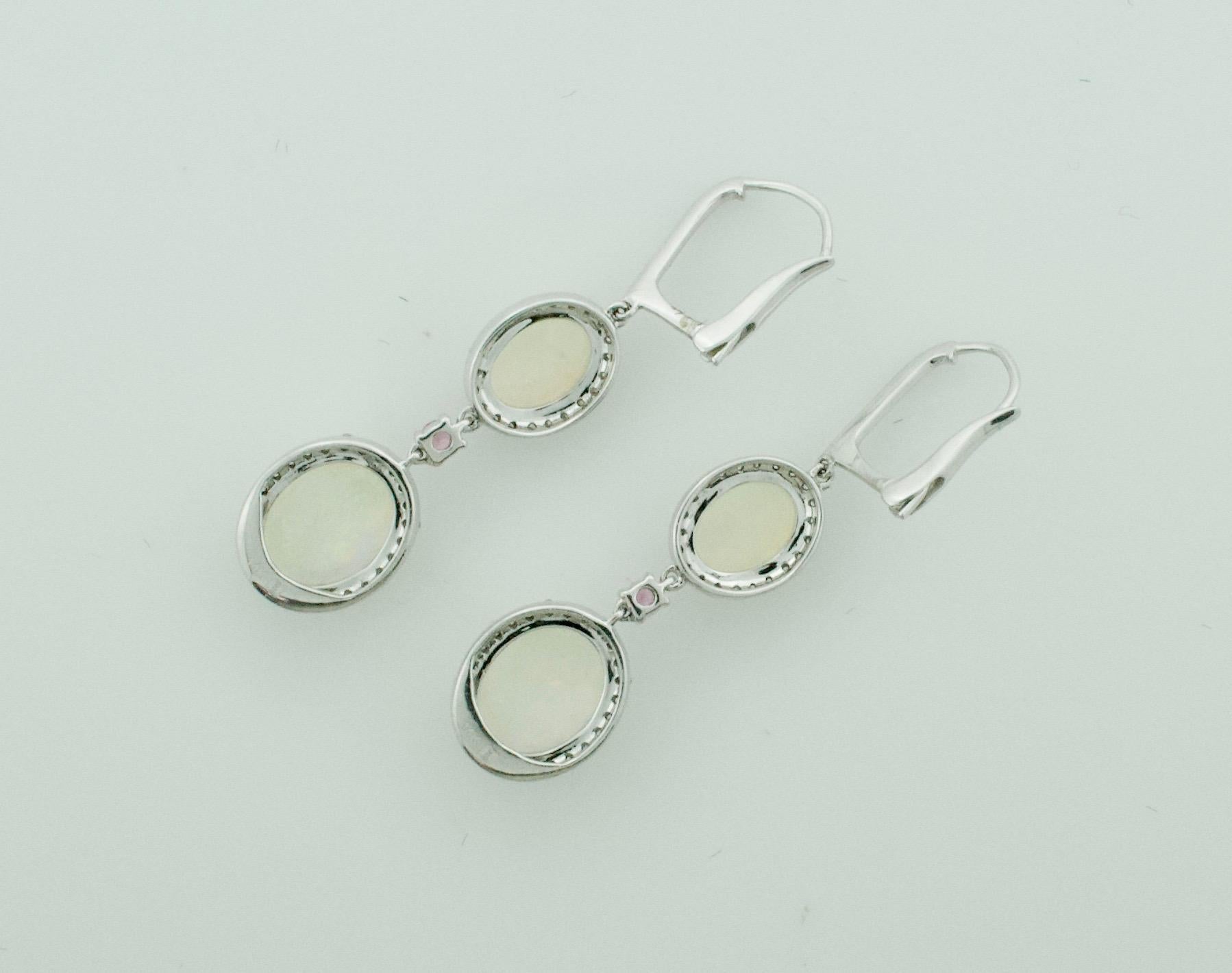 Modern Dangling Opal, Diamond and Pink Sapphire Earrings in White Gold For Sale