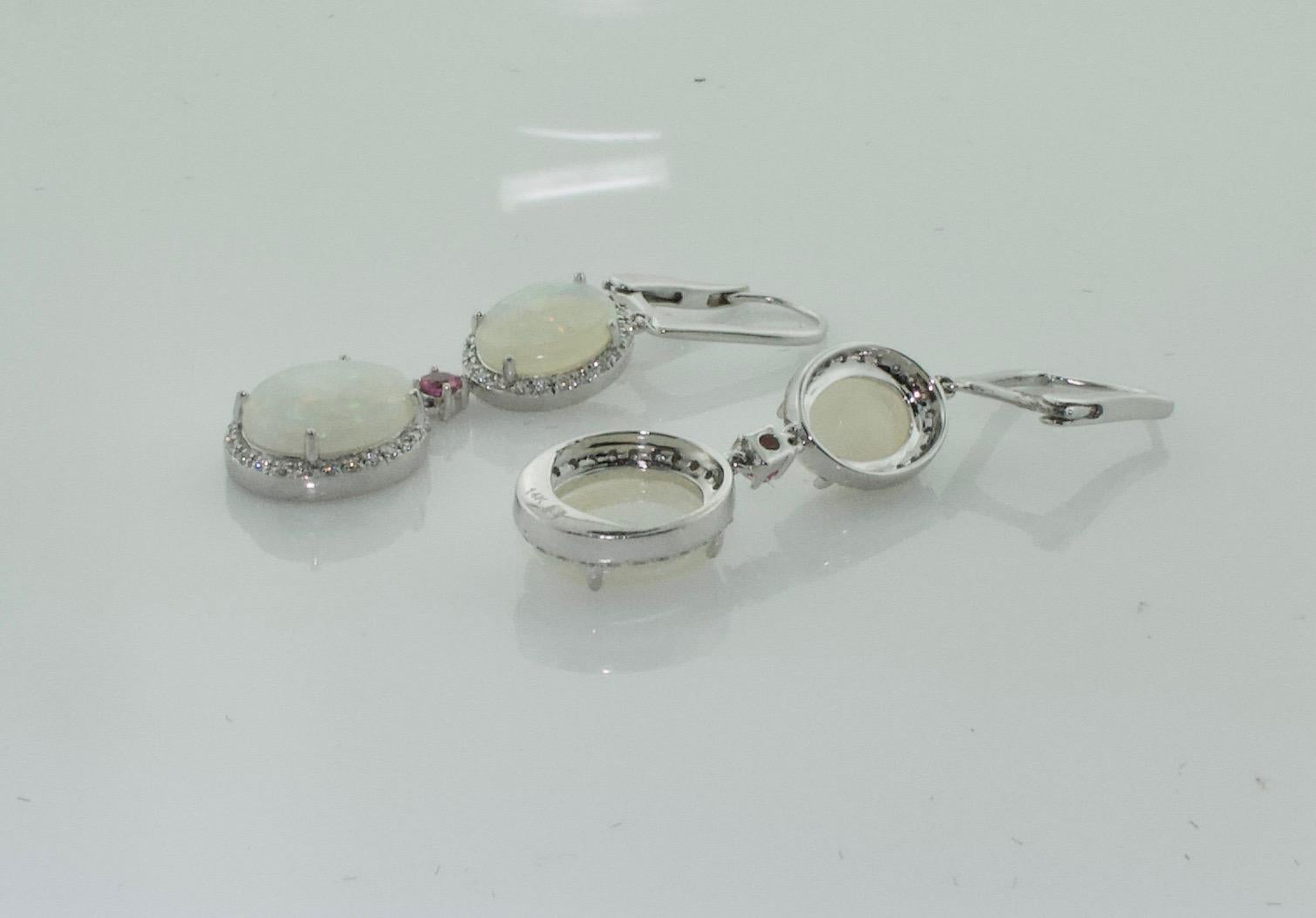 Cabochon Dangling Opal, Diamond and Pink Sapphire Earrings in White Gold For Sale