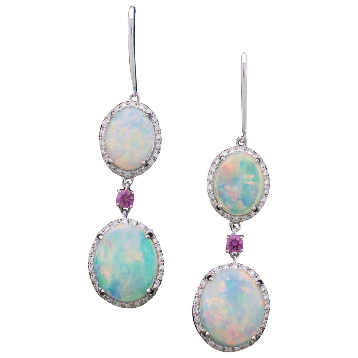Dangling Opal, Diamond and Pink Sapphire Earrings in White Gold