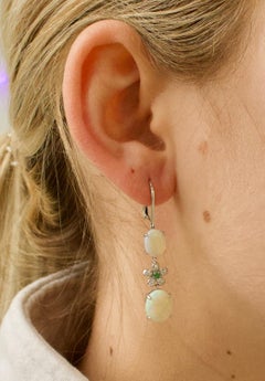 Dangling Opal, Diamond and Tsavorite Garnet Earrings in White Gold