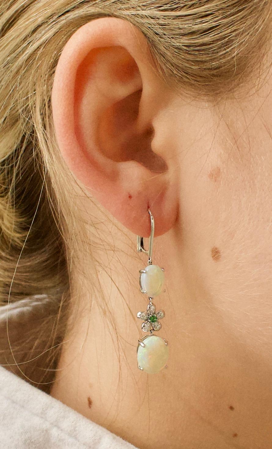 Modern Dangling Opal, Diamond and Tsavorite Garnet Earrings in White Gold For Sale