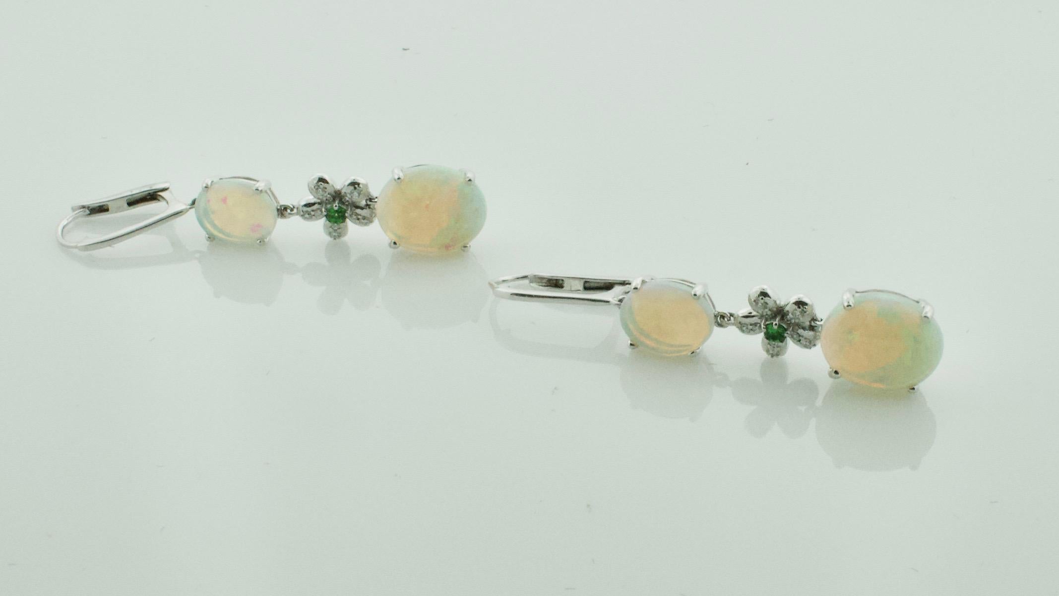 Cabochon Dangling Opal, Diamond and Tsavorite Garnet Earrings in White Gold For Sale