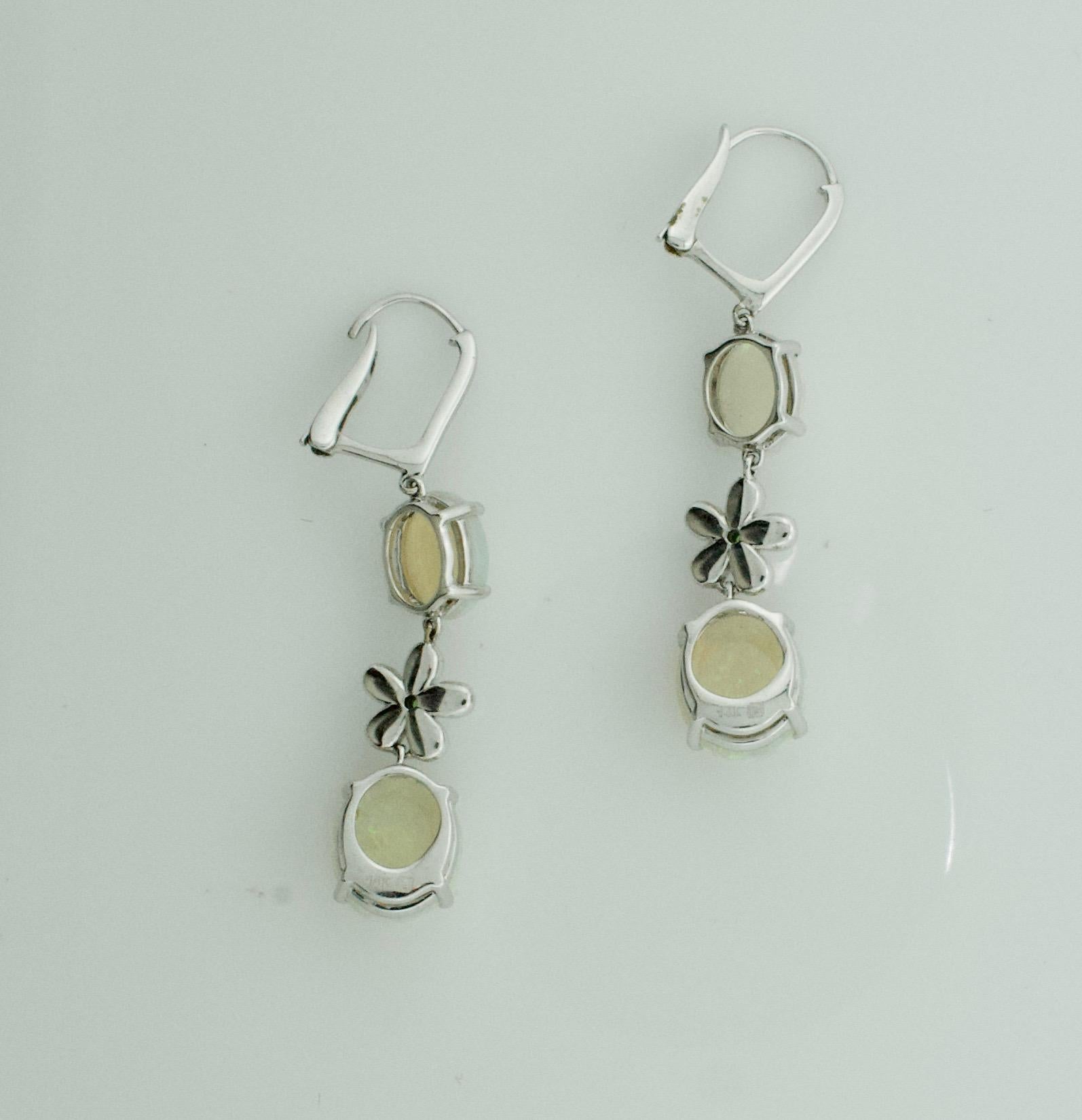 Dangling Opal, Diamond and Tsavorite Garnet Earrings in White Gold In New Condition For Sale In Wailea, HI