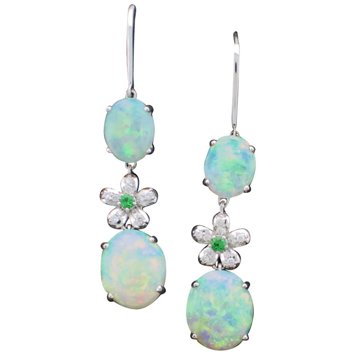 Dangling Opal, Diamond and Tsavorite Garnet Earrings in White Gold For Sale