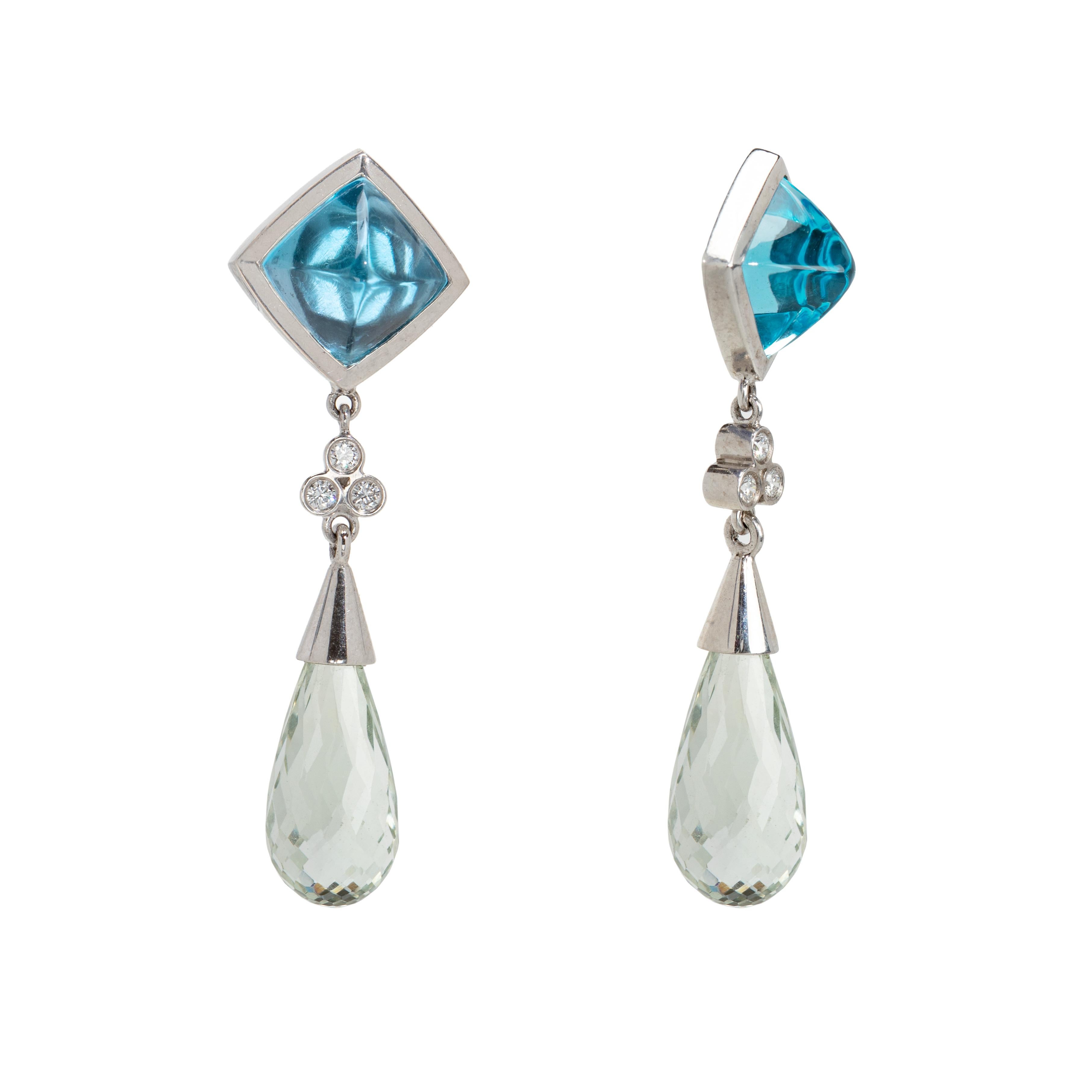 Contemporary Dangling Palladium Earrings with Blue Topaz, Green Amethyst, and Diamonds For Sale