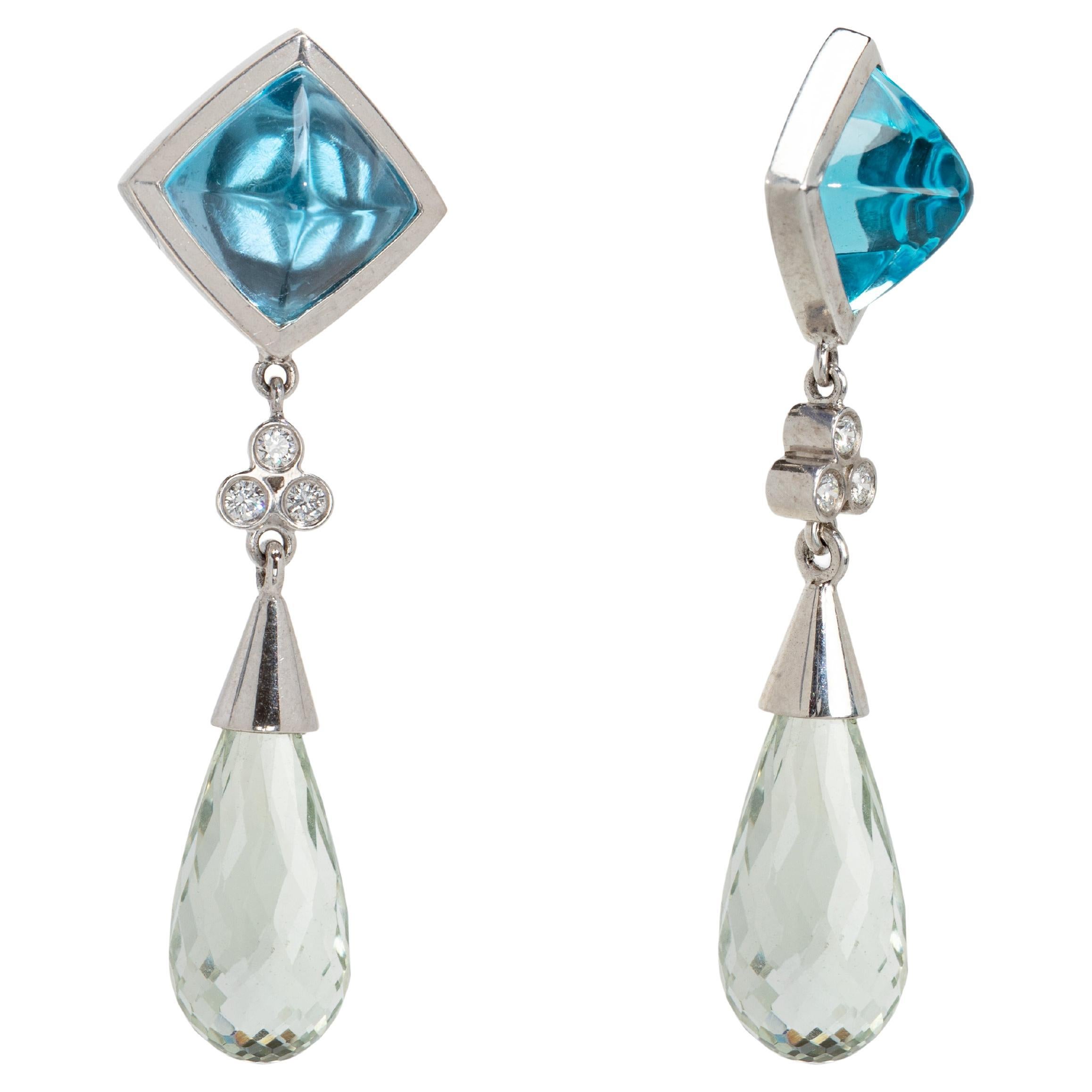 Dangling Palladium Earrings with Blue Topaz, Green Amethyst, and Diamonds For Sale