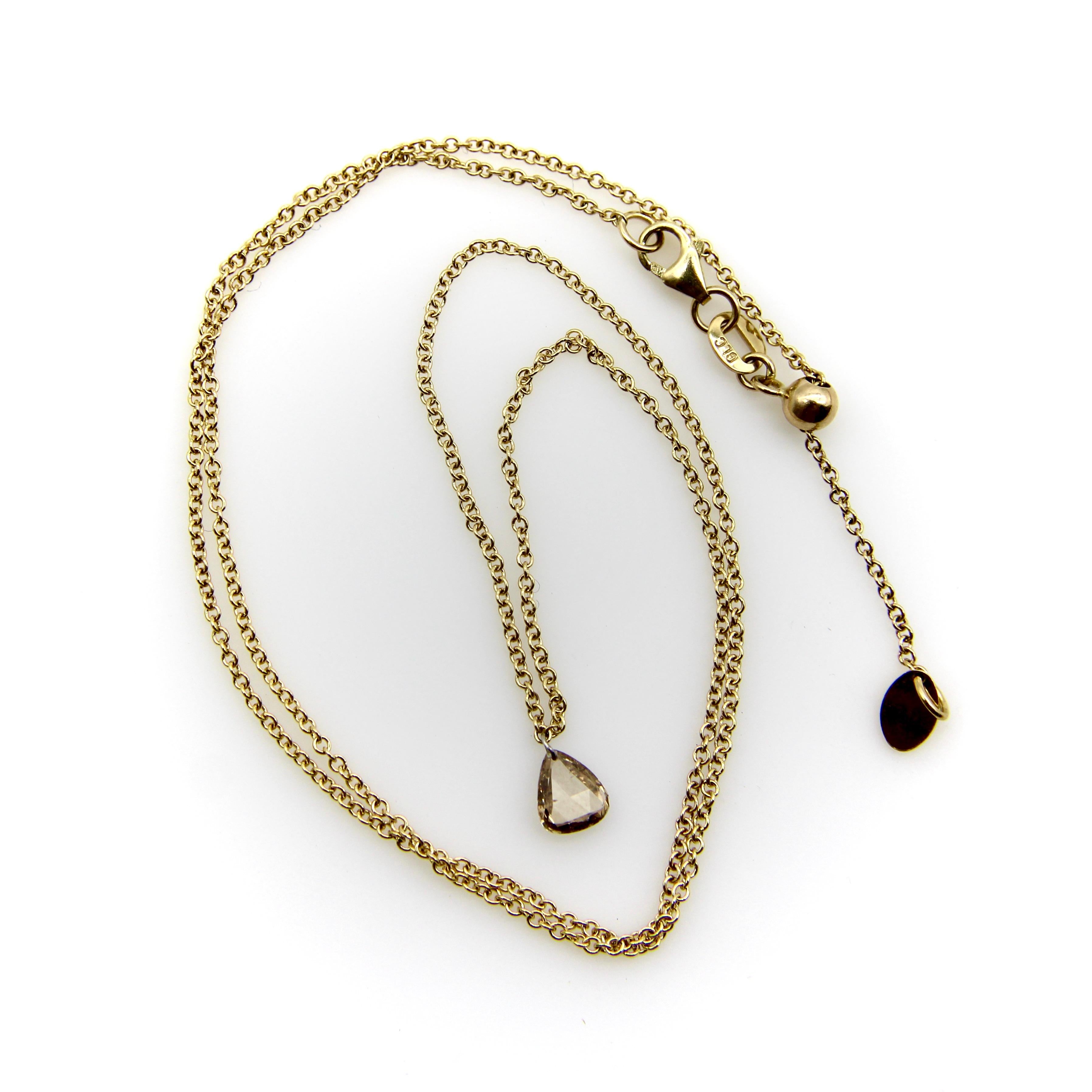 Women's or Men's Dangling Pear Shaped Cognac Rose Cut Diamond on 14K Gold Chain  For Sale