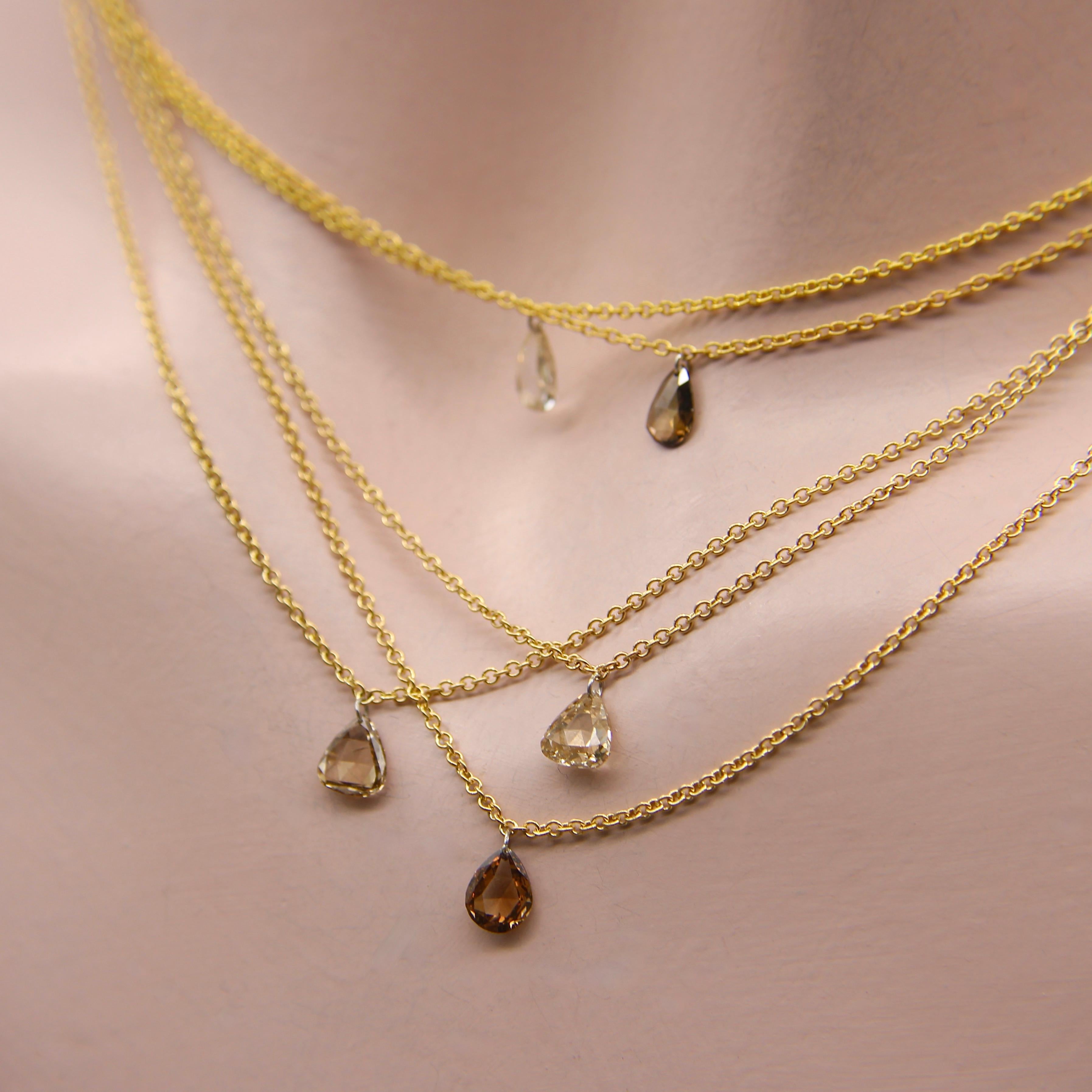 Dangling Pear Shaped Cognac Rose Cut Diamond on 14K Gold Chain  For Sale 2