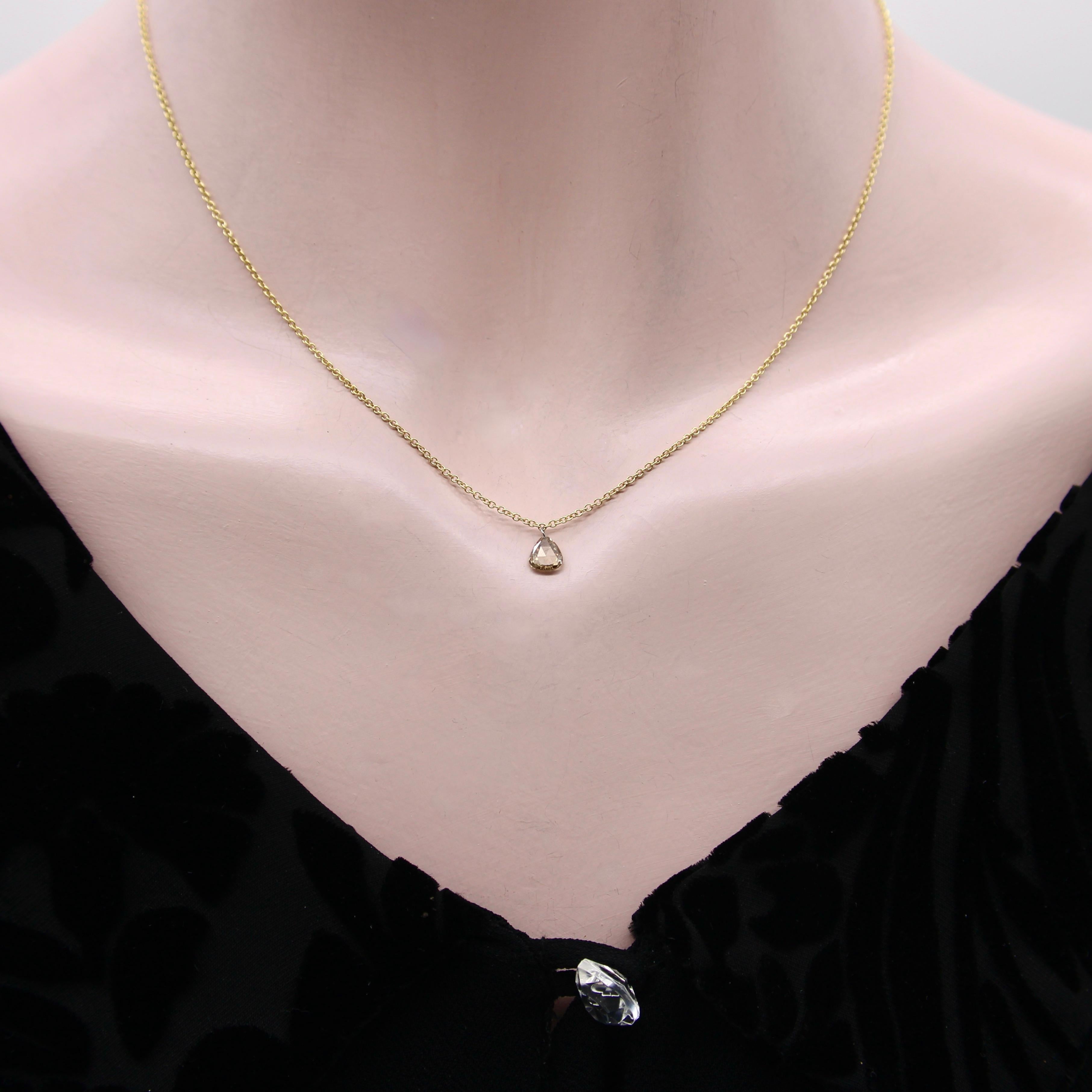 Tropfenförmiger birnenförmiger cognacfarbener Diamant im Rosenschliff auf 14K Goldkette  im Angebot 4