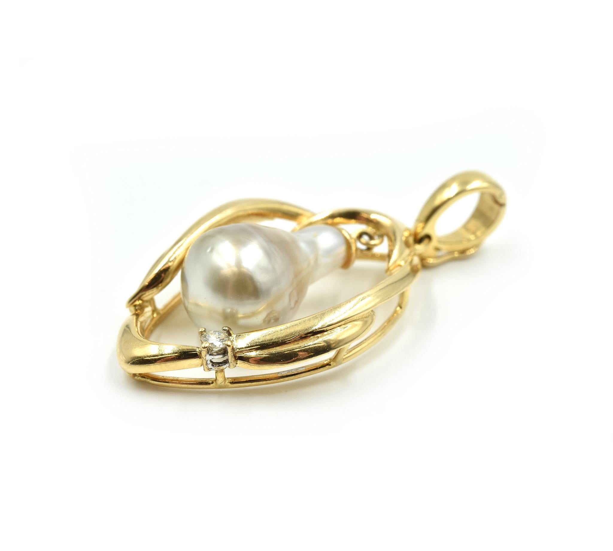 Designer: custom made
Material: 14k yellow gold
Diamonds: one round brilliant 0.05 carat diamond
Pearl: 10.50mm oval shape cultured pearl
Dimensions: the pendant measures 1 1/2 inches long and 3/4 inches wide
Weight: 6.60 grams
