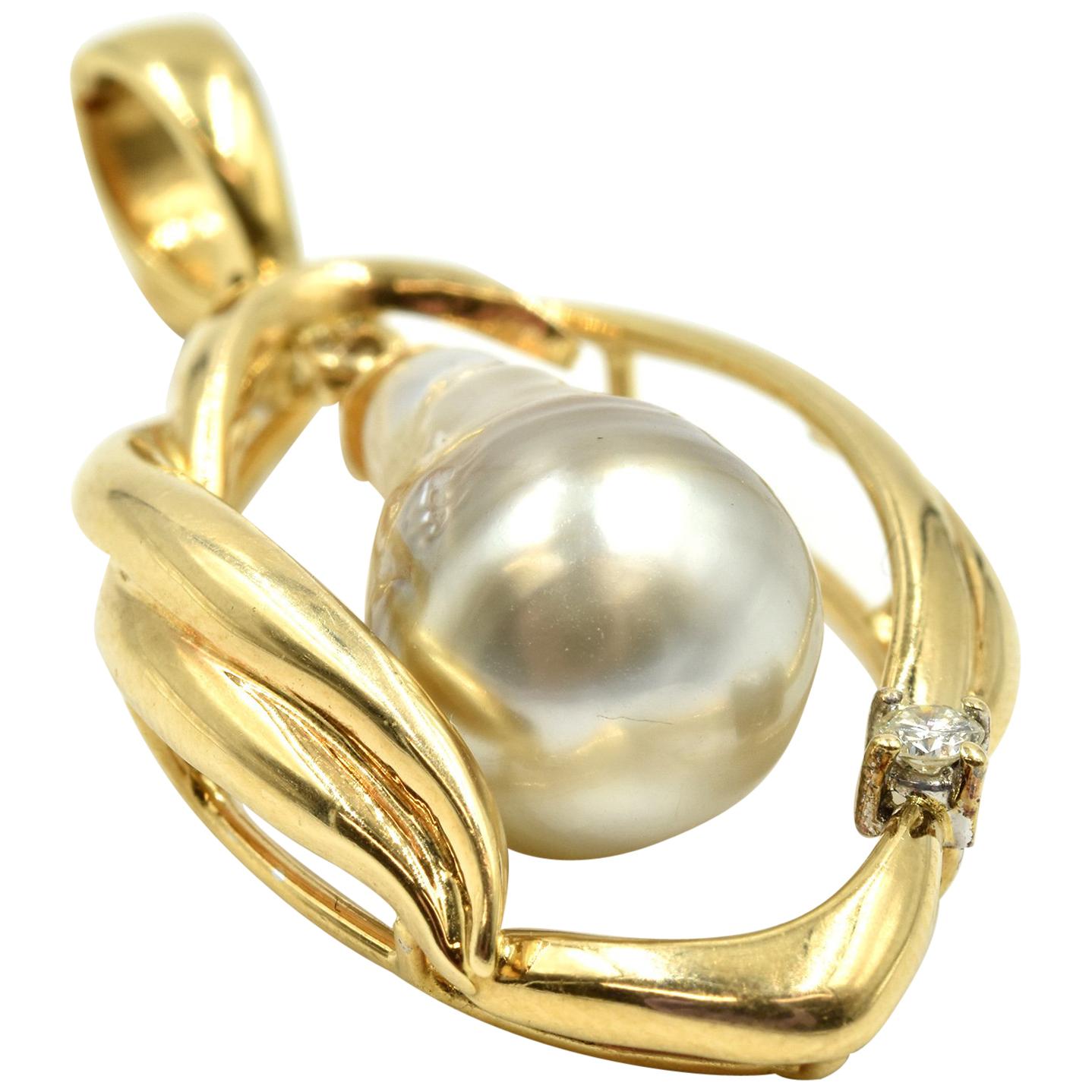 Dangling Pearl and Diamond Pendant 14 Karat Yellow Gold