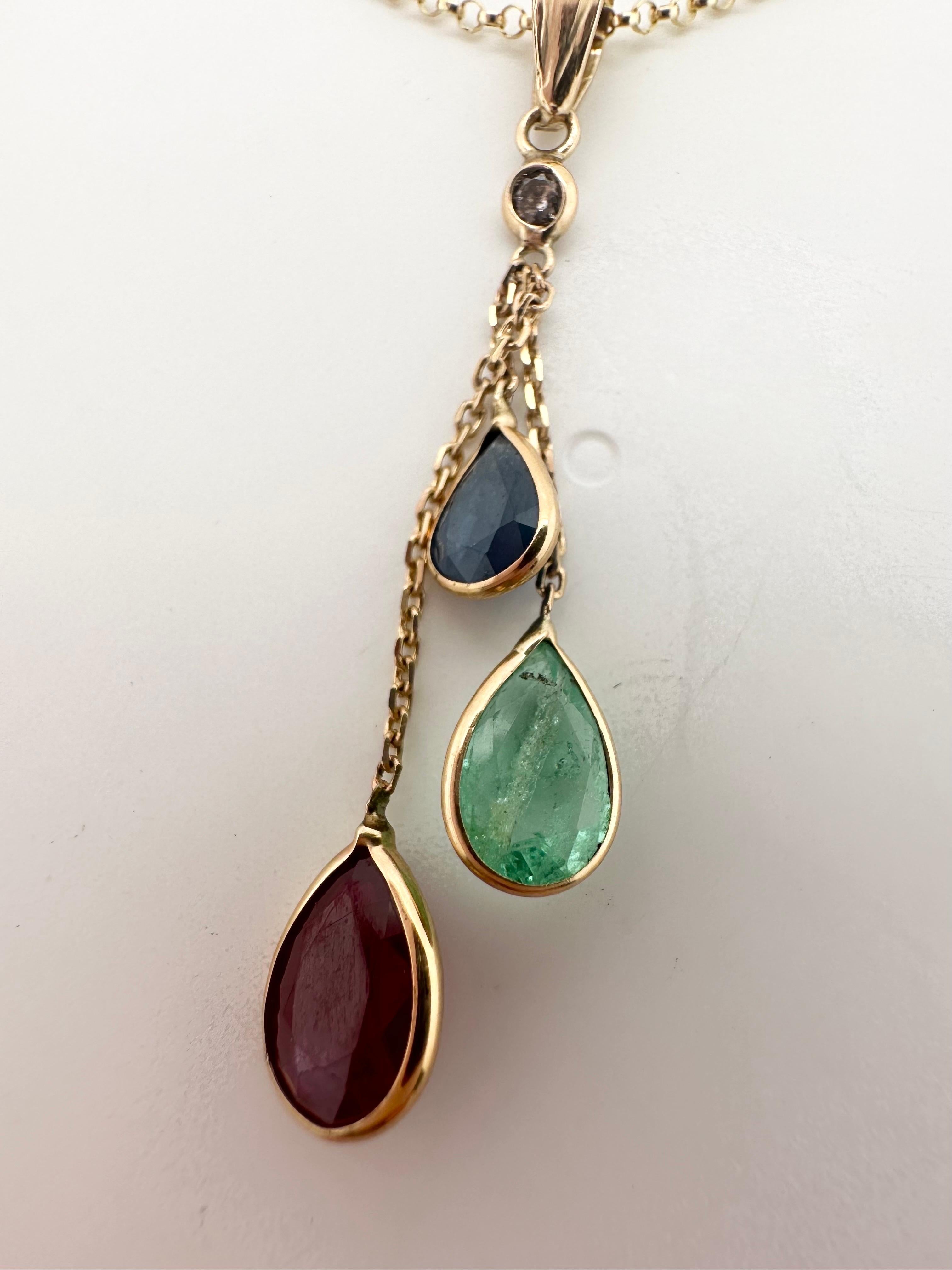 Dangling pendant necklace made with diamond, sapphire, ruby and emerald 100% natural gemstones in 14KT yellow gold, chain is 18