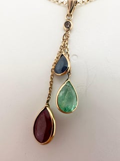 Dangling pendant ruby diamond emerald sapphire pendant Valentines gift 14KT gold