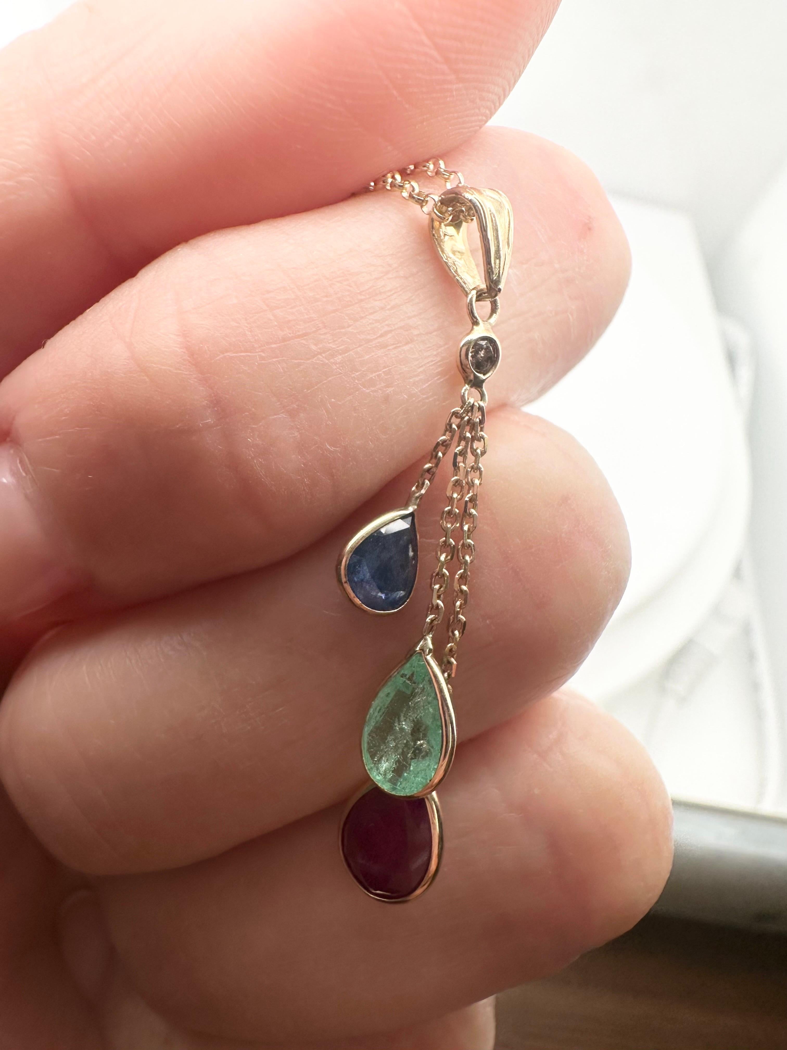 Women's or Men's Dangling pendant ruby diamond emerald sapphire pendant Valentines gift 14KT gold For Sale