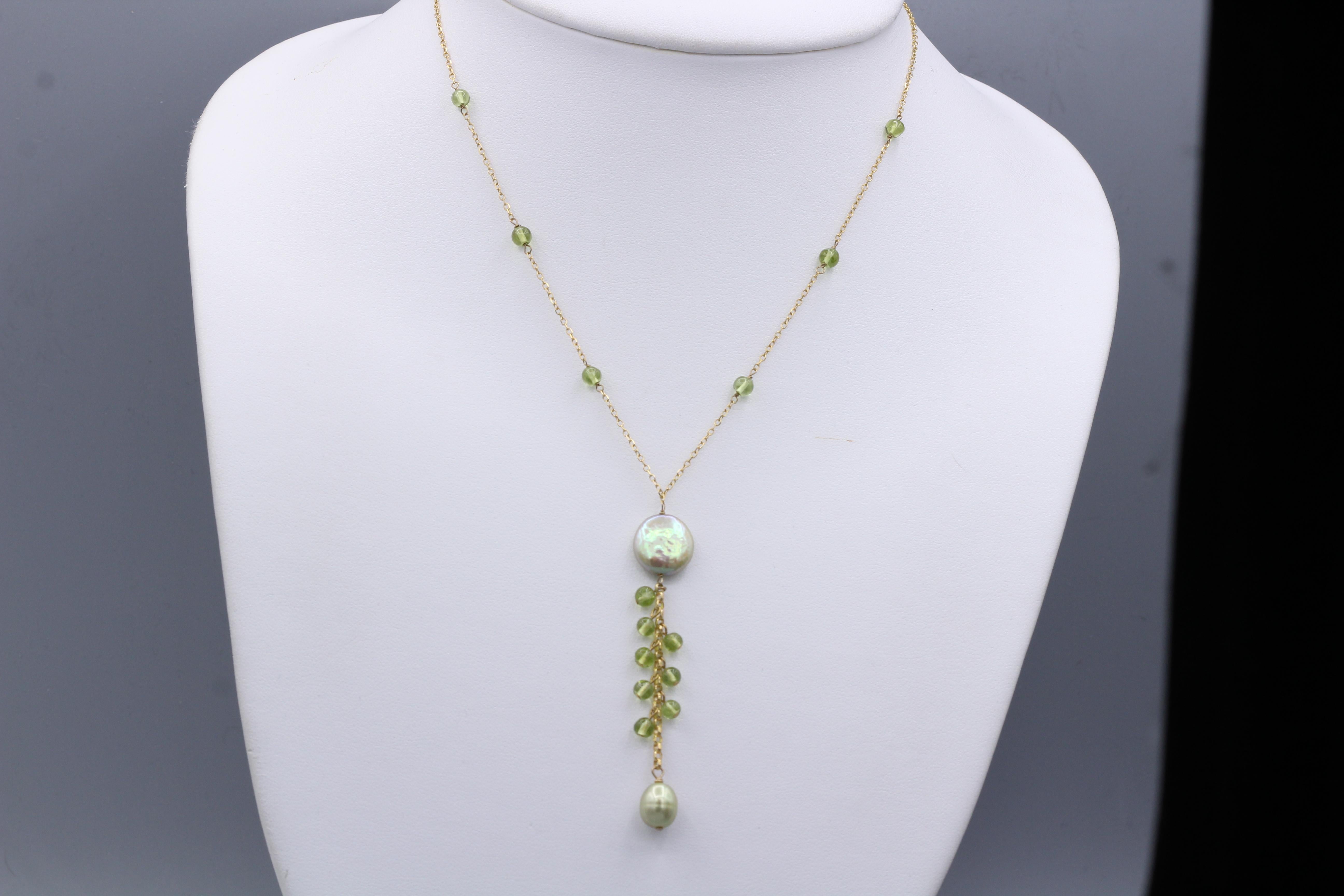 Elegant Peridot & Pearl Dangle Necklace Wire Style
14k yellow gold
Length 16.5’ Inch
Dangle Length approx. 2.5’ Inch
Natural Peridot Beads.
Fresh Water – Green Tone Enhanced Pearls
Total Weight 5.5 grams
Spring ring Lock
