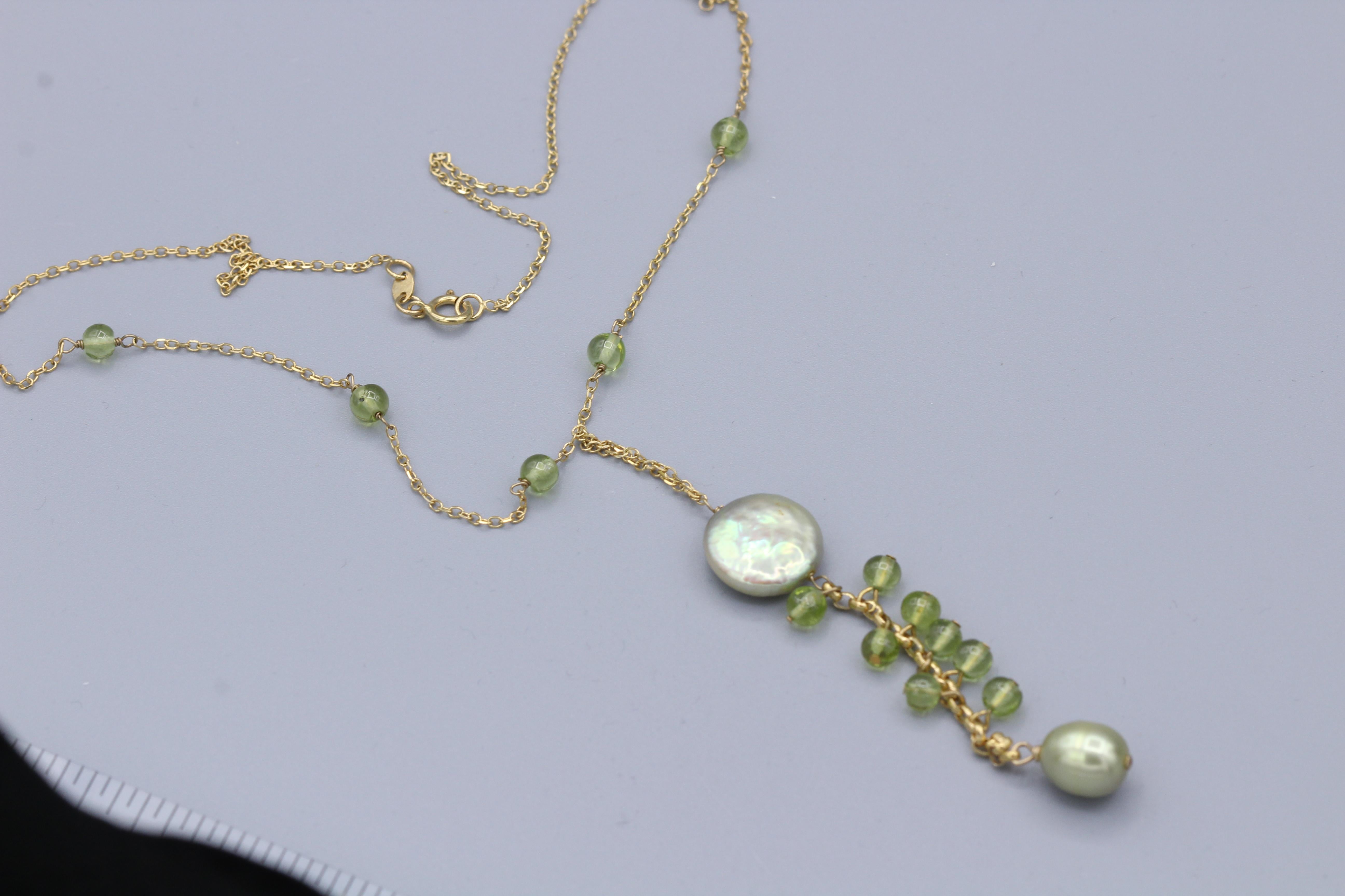 Round Cut Dangling Peridot Necklace 14 Karat Yellow Gold Bead Wire Green Stones For Sale